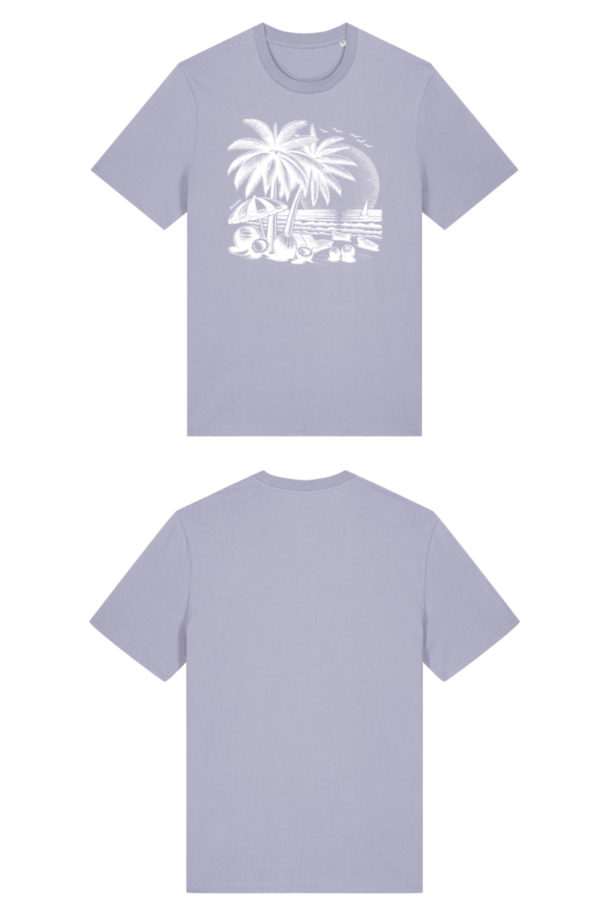 T-Shirt aus 100 % Bio-Baumwolle mit normaler Passform, erhältlich in verschiedenen Farben wie Blue Soul, Cotton Pink, Lavender, Aloe, Weiss und Schwarz. Individuell bedruckbar mit Wunschmotiv. Weiches, angenehm leichtes Material für hohen Tragekomfort. Ideal für einen zeitgemässen, entspannten Look. T-Shirt mit einem detaillierten Strandmotiv mit Palmen, Kokosnüssen und Sonnenuntergang auf der Vorderseite. 