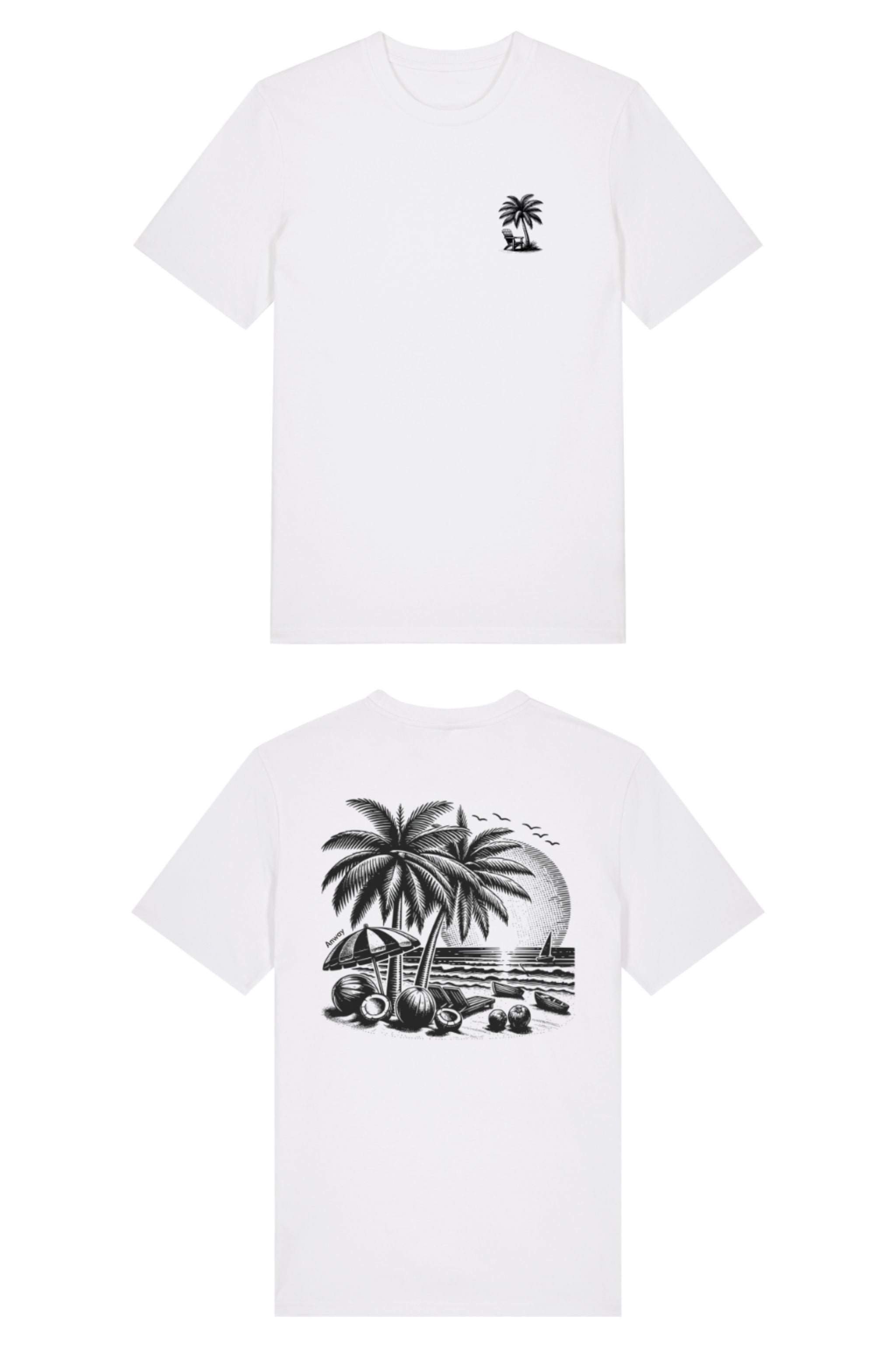 T-Shirt aus 100 % Bio-Baumwolle mit normaler Passform, erhältlich in verschiedenen Farben wie Blue Soul, Cotton Pink, Lavender, Aloe, Weiss und Schwarz. Individuell bedruckbar mit Wunschmotiv. Weiches, angenehm leichtes Material für hohen Tragekomfort. Ideal für einen zeitgemässen, entspannten Look. T-Shirt mit kleinem Motiv einer Palme und eines Liegestuhls auf der linken Brust und einem detaillierten Strandmotiv mit Palmen, Kokosnüssen und Sonnenuntergang auf der Rückseite. 
