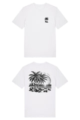T-Shirt aus 100 % Bio-Baumwolle mit normaler Passform, erhältlich in verschiedenen Farben wie Blue Soul, Cotton Pink, Lavender, Aloe, Weiss und Schwarz. Individuell bedruckbar mit Wunschmotiv. Weiches, angenehm leichtes Material für hohen Tragekomfort. Ideal für einen zeitgemässen, entspannten Look. T-Shirt mit kleinem Motiv einer Palme und eines Liegestuhls auf der linken Brust und einem detaillierten Strandmotiv mit Palmen, Kokosnüssen und Sonnenuntergang auf der Rückseite. 