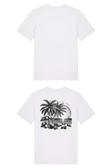 T-Shirt aus 100 % Bio-Baumwolle mit normaler Passform, erhältlich in verschiedenen Farben wie Blue Soul, Cotton Pink, Lavender, Aloe, Weiss und Schwarz. Individuell bedruckbar mit Wunschmotiv. Weiches, angenehm leichtes Material für hohen Tragekomfort. Ideal für einen zeitgemässen, entspannten Look. T-Shirt mit einem detaillierten Strandmotiv mit Palmen, Kokosnüssen und Sonnenuntergang auf der Rückseite. 