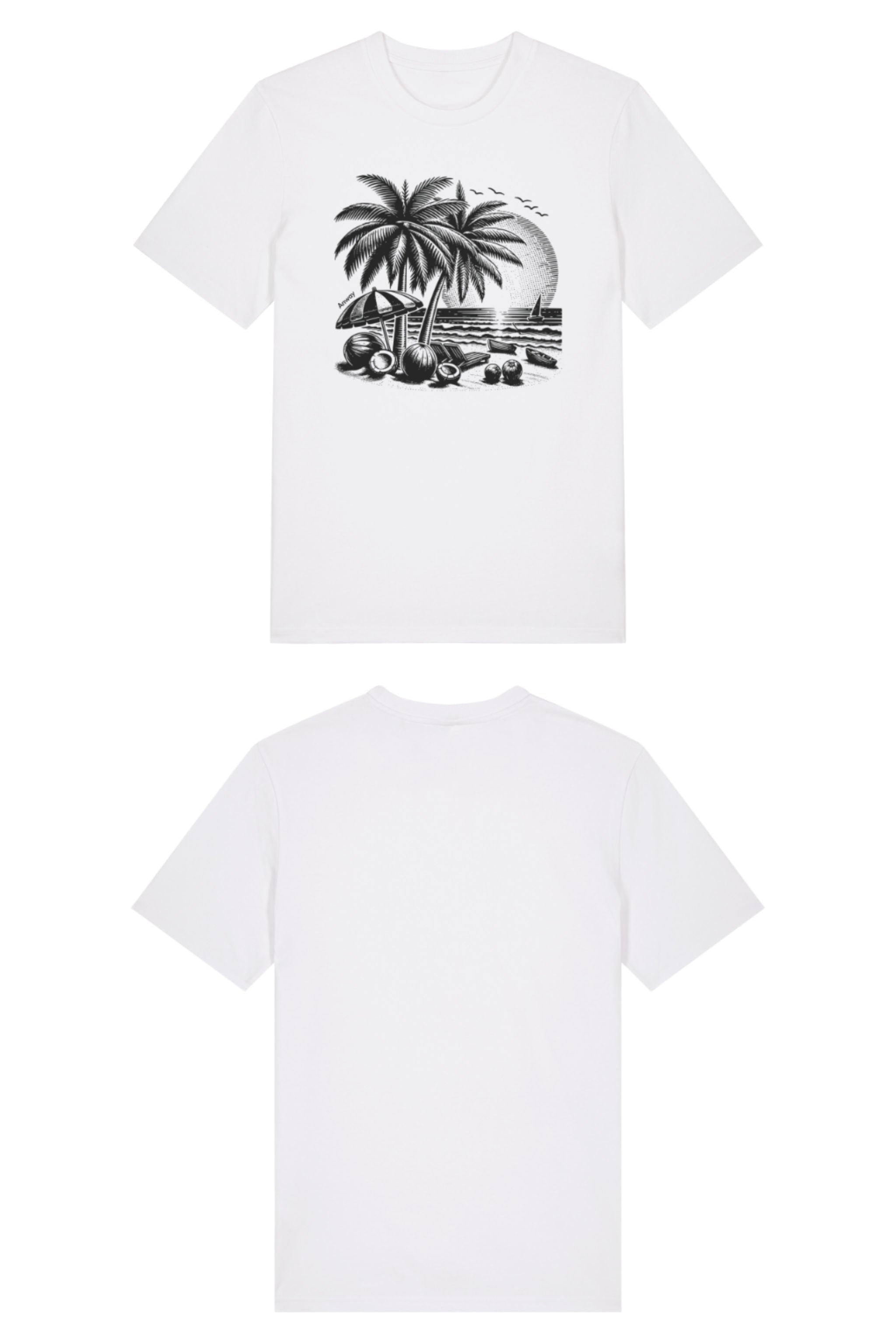 T-Shirt aus 100 % Bio-Baumwolle mit normaler Passform, erhältlich in verschiedenen Farben wie Blue Soul, Cotton Pink, Lavender, Aloe, Weiss und Schwarz. Individuell bedruckbar mit Wunschmotiv. Weiches, angenehm leichtes Material für hohen Tragekomfort. Ideal für einen zeitgemässen, entspannten Look. T-Shirt mit einem detaillierten Strandmotiv mit Palmen, Kokosnüssen und Sonnenuntergang auf der Vorderseite. 