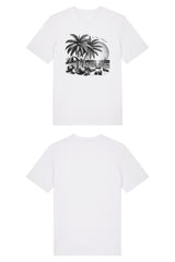T-Shirt aus 100 % Bio-Baumwolle mit normaler Passform, erhältlich in verschiedenen Farben wie Blue Soul, Cotton Pink, Lavender, Aloe, Weiss und Schwarz. Individuell bedruckbar mit Wunschmotiv. Weiches, angenehm leichtes Material für hohen Tragekomfort. Ideal für einen zeitgemässen, entspannten Look. T-Shirt mit einem detaillierten Strandmotiv mit Palmen, Kokosnüssen und Sonnenuntergang auf der Vorderseite. 