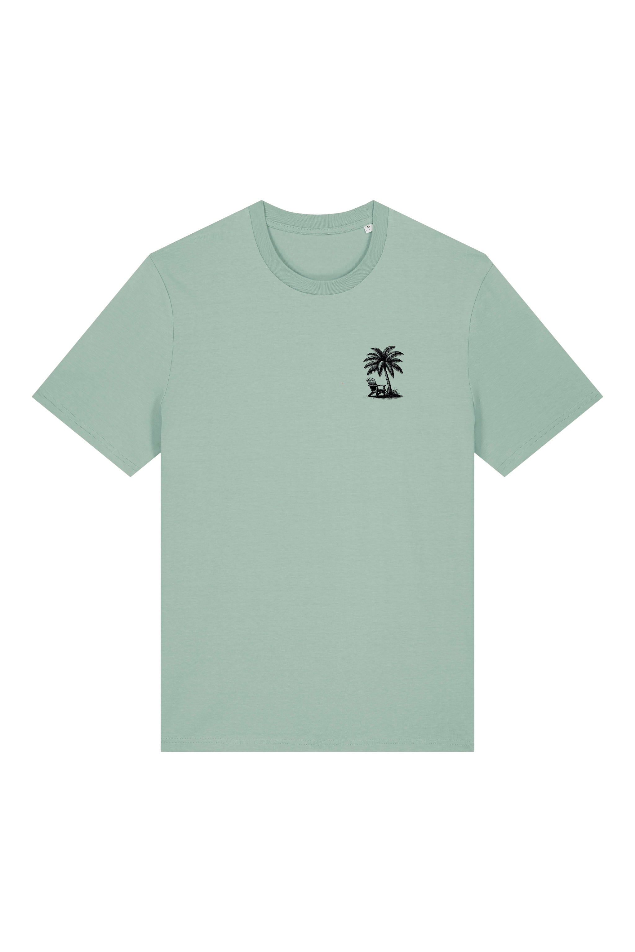 T-Shirt aus 100 % Bio-Baumwolle mit normaler Passform, erhältlich in verschiedenen Farben wie Blue Soul, Cotton Pink, Lavender, Aloe, Weiss und Schwarz. Individuell bedruckbar mit Wunschmotiv. Weiches, angenehm leichtes Material für hohen Tragekomfort. Ideal für einen zeitgemässen, entspannten Look. T-Shirt mit kleinem Motiv einer Palme und eines Liegestuhls auf der linken Brust und einem detaillierten Strandmotiv mit Palmen, Kokosnüssen und Sonnenuntergang auf der Rückseite. 