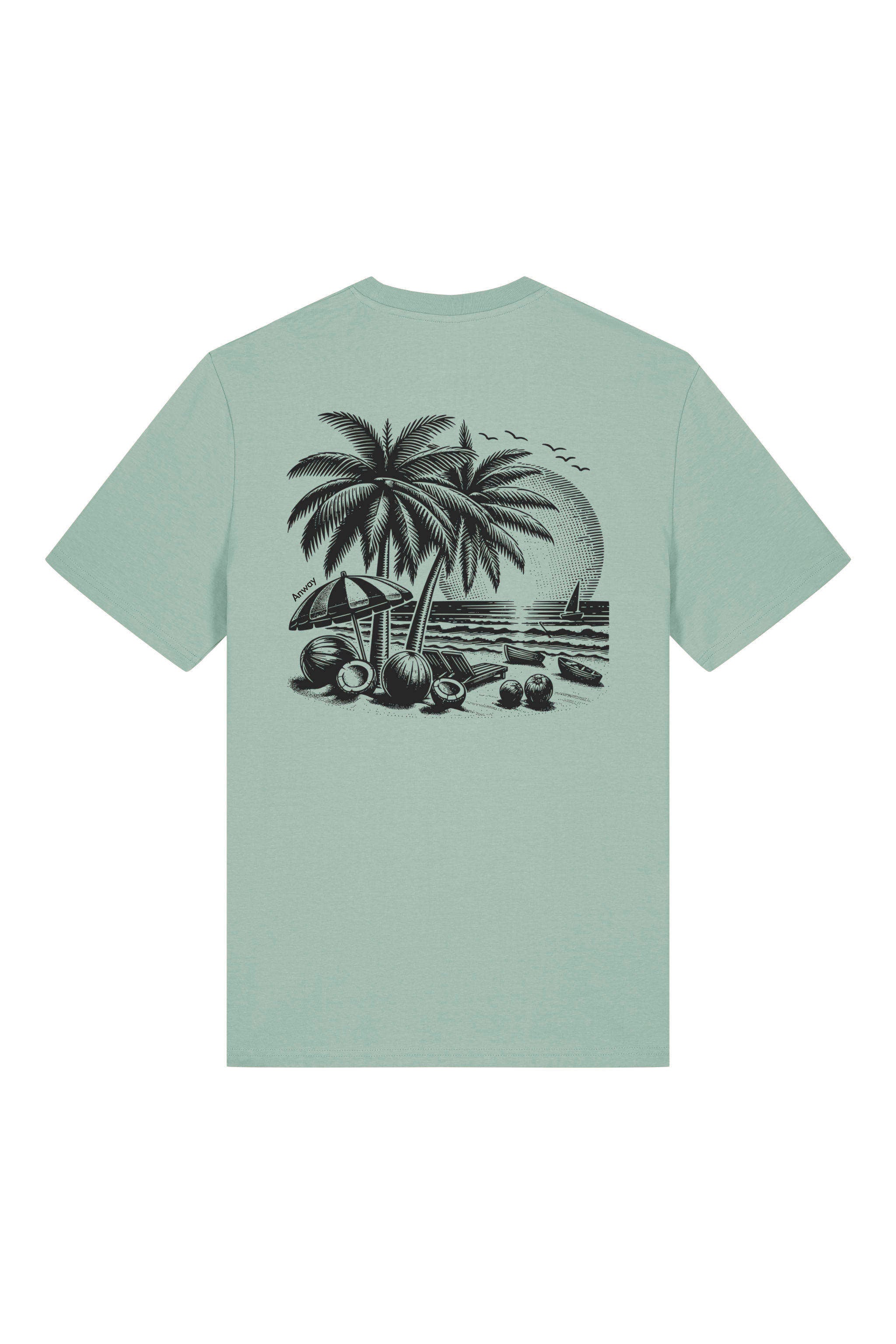 T-Shirt aus 100 % Bio-Baumwolle mit normaler Passform, erhältlich in verschiedenen Farben wie Blue Soul, Cotton Pink, Lavender, Aloe, Weiss und Schwarz. Individuell bedruckbar mit Wunschmotiv. Weiches, angenehm leichtes Material für hohen Tragekomfort. Ideal für einen zeitgemässen, entspannten Look. T-Shirt mit kleinem Motiv einer Palme und eines Liegestuhls auf der linken Brust und einem detaillierten Strandmotiv mit Palmen, Kokosnüssen und Sonnenuntergang auf der Rückseite. 
