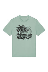 T-Shirt aus 100 % Bio-Baumwolle mit normaler Passform, erhältlich in verschiedenen Farben wie Blue Soul, Cotton Pink, Lavender, Aloe, Weiss und Schwarz. Individuell bedruckbar mit Wunschmotiv. Weiches, angenehm leichtes Material für hohen Tragekomfort. Ideal für einen zeitgemässen, entspannten Look. T-Shirt mit einem detaillierten Strandmotiv mit Palmen, Kokosnüssen und Sonnenuntergang auf der Vorderseite. 