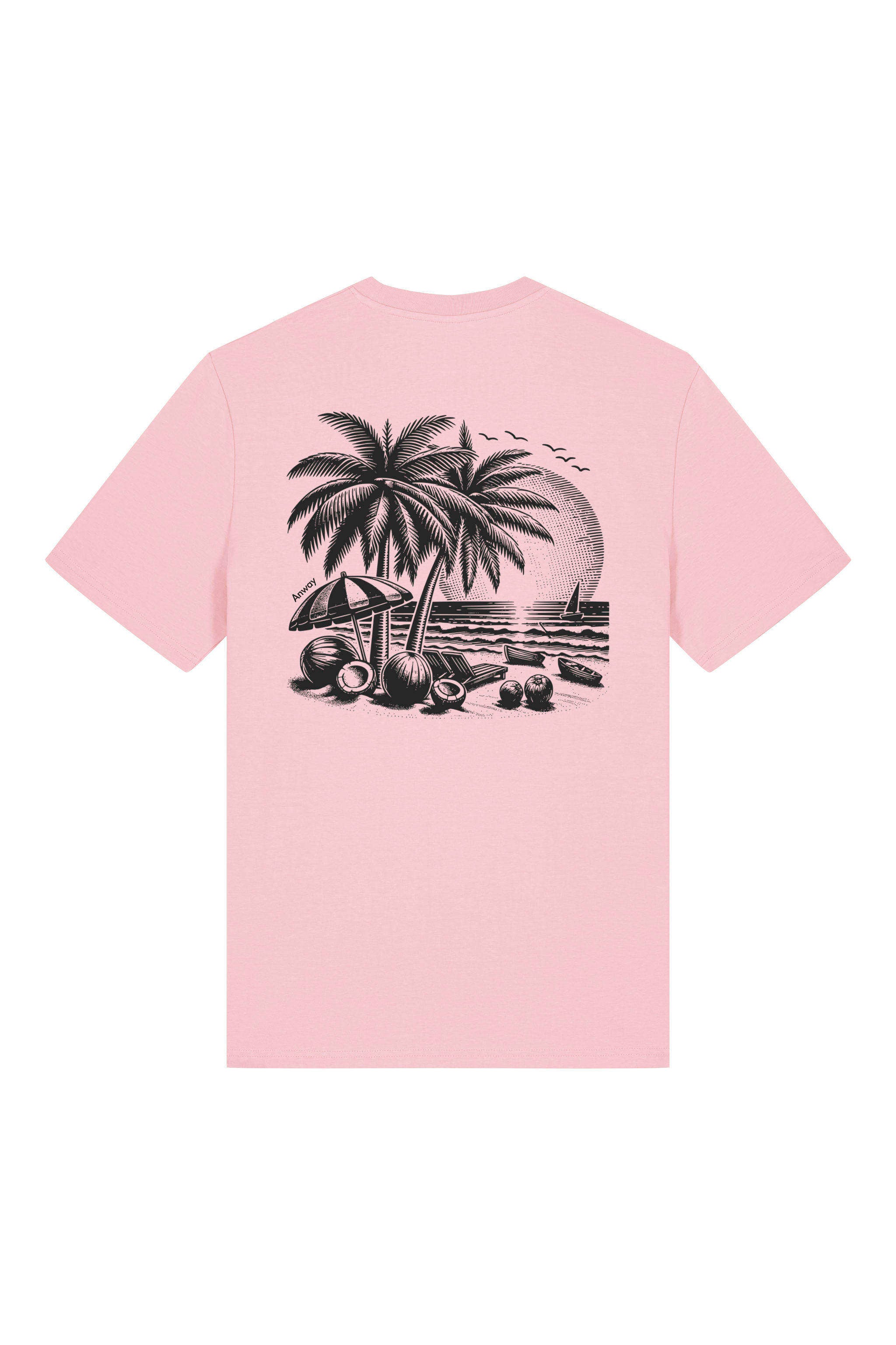 T-Shirt aus 100 % Bio-Baumwolle mit normaler Passform, erhältlich in verschiedenen Farben wie Blue Soul, Cotton Pink, Lavender, Aloe, Weiss und Schwarz. Individuell bedruckbar mit Wunschmotiv. Weiches, angenehm leichtes Material für hohen Tragekomfort. Ideal für einen zeitgemässen, entspannten Look. T-Shirt mit einem detaillierten Strandmotiv mit Palmen, Kokosnüssen und Sonnenuntergang auf der Rückseite. 