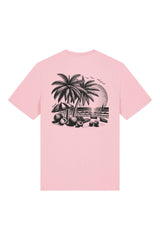 T-Shirt aus 100 % Bio-Baumwolle mit normaler Passform, erhältlich in verschiedenen Farben wie Blue Soul, Cotton Pink, Lavender, Aloe, Weiss und Schwarz. Individuell bedruckbar mit Wunschmotiv. Weiches, angenehm leichtes Material für hohen Tragekomfort. Ideal für einen zeitgemässen, entspannten Look. T-Shirt mit einem detaillierten Strandmotiv mit Palmen, Kokosnüssen und Sonnenuntergang auf der Rückseite. 