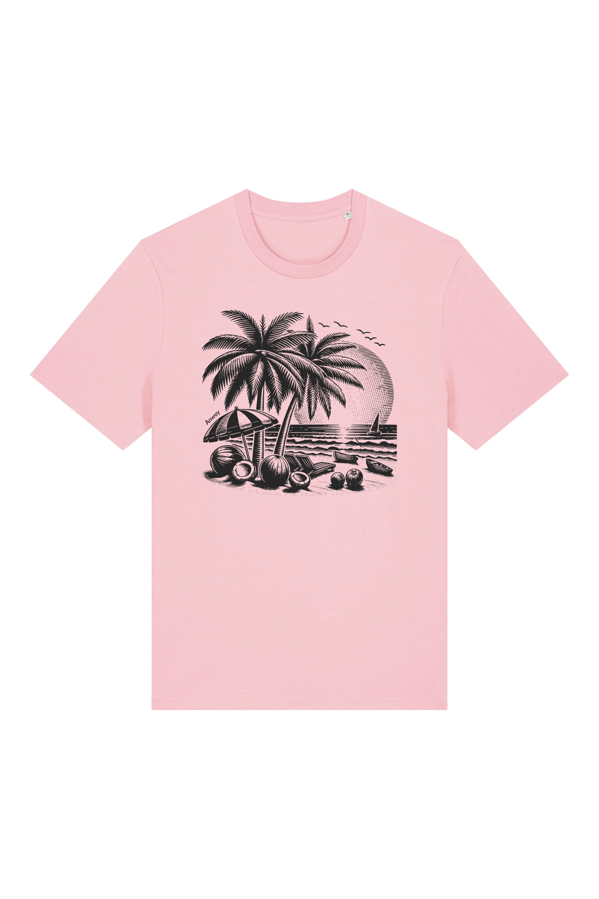T-Shirt aus 100 % Bio-Baumwolle mit normaler Passform, erhältlich in verschiedenen Farben wie Blue Soul, Cotton Pink, Lavender, Aloe, Weiss und Schwarz. Individuell bedruckbar mit Wunschmotiv. Weiches, angenehm leichtes Material für hohen Tragekomfort. Ideal für einen zeitgemässen, entspannten Look. T-Shirt mit einem detaillierten Strandmotiv mit Palmen, Kokosnüssen und Sonnenuntergang auf der Vorderseite. 