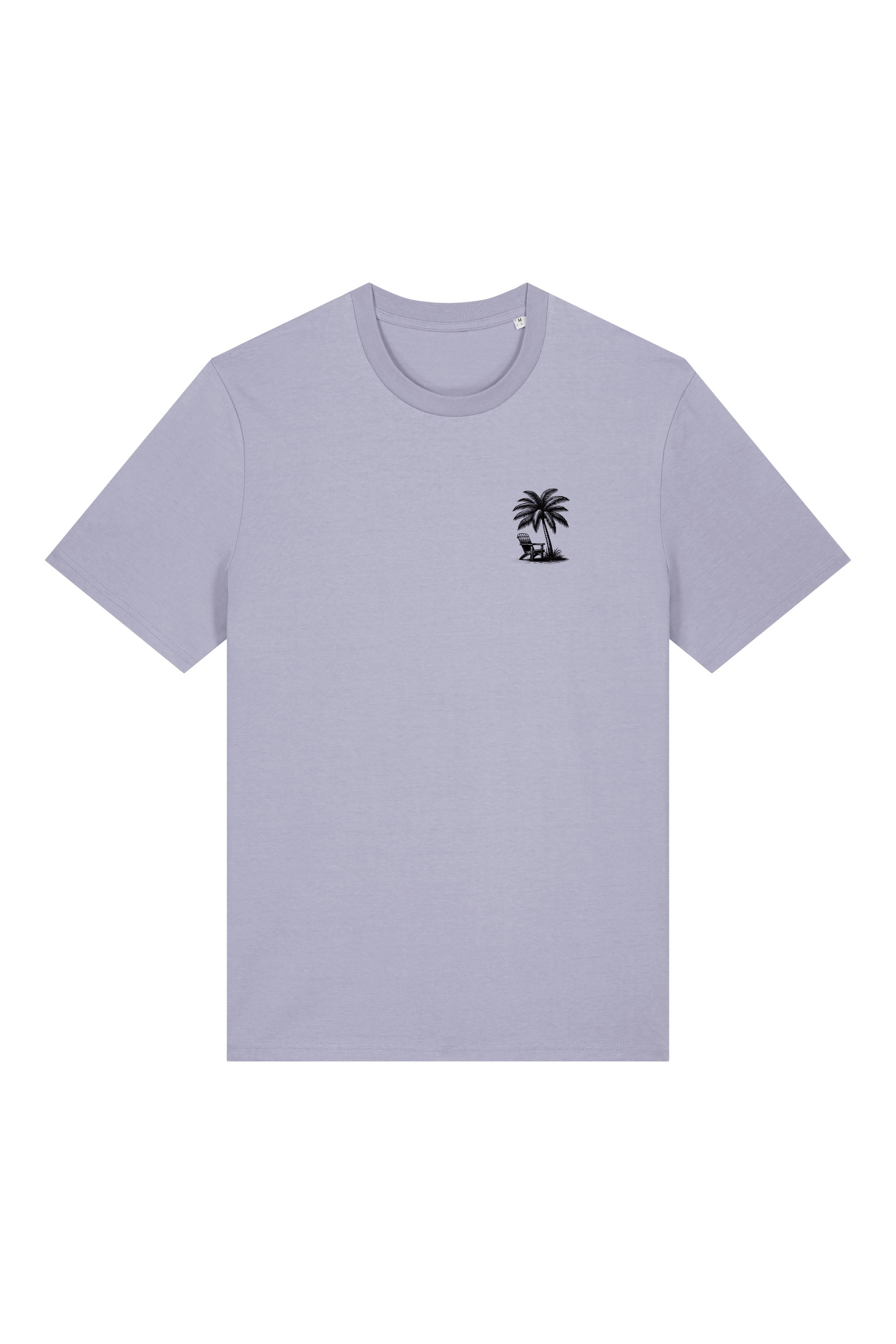 T-Shirt aus 100 % Bio-Baumwolle mit normaler Passform, erhältlich in verschiedenen Farben wie Blue Soul, Cotton Pink, Lavender, Aloe, Weiss und Schwarz. Individuell bedruckbar mit Wunschmotiv. Weiches, angenehm leichtes Material für hohen Tragekomfort. Ideal für einen zeitgemässen, entspannten Look. T-Shirt mit kleinem Motiv einer Palme und eines Liegestuhls auf der linken Brust und einem detaillierten Strandmotiv mit Palmen, Kokosnüssen und Sonnenuntergang auf der Rückseite. 