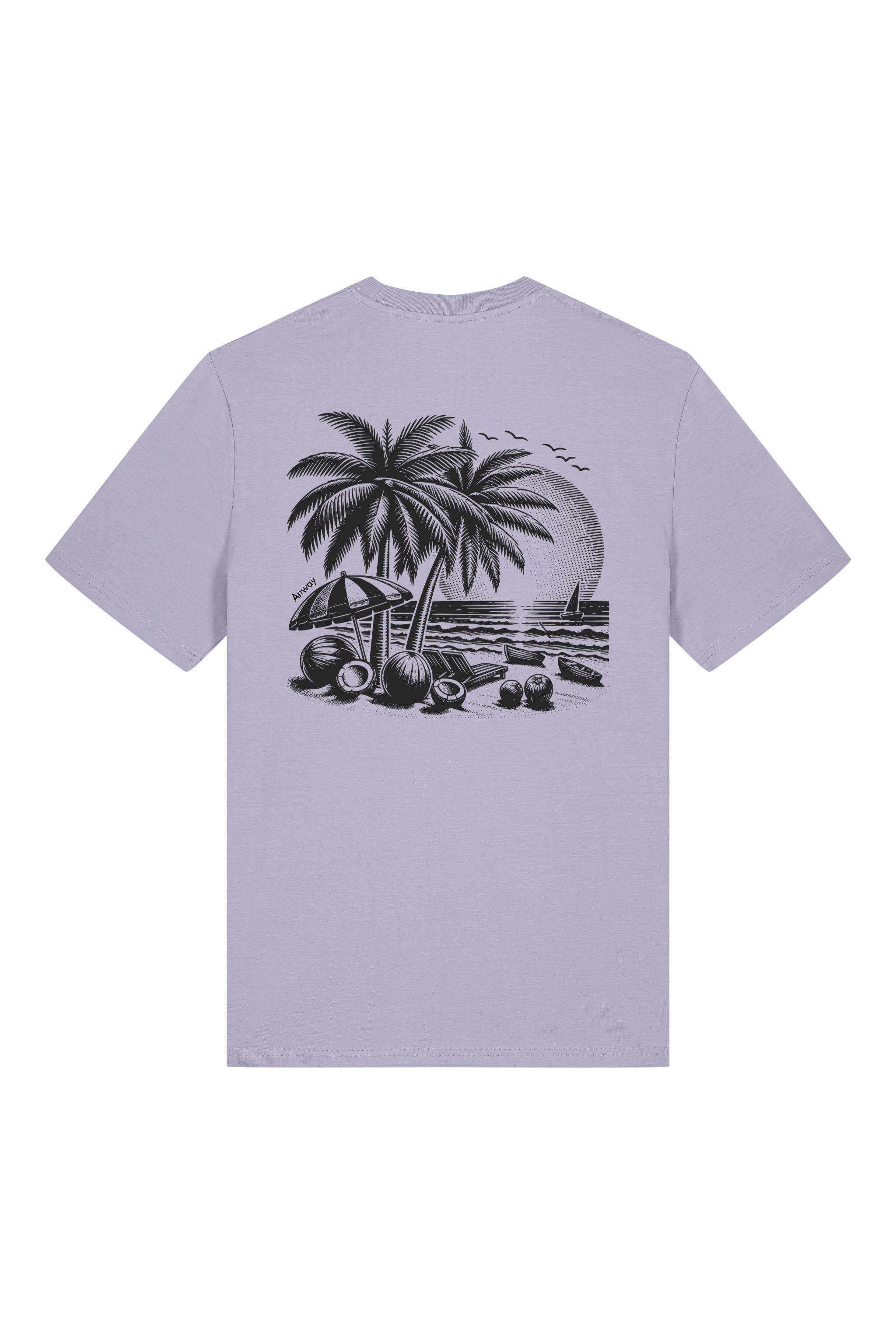 T-Shirt aus 100 % Bio-Baumwolle mit normaler Passform, erhältlich in verschiedenen Farben wie Blue Soul, Cotton Pink, Lavender, Aloe, Weiss und Schwarz. Individuell bedruckbar mit Wunschmotiv. Weiches, angenehm leichtes Material für hohen Tragekomfort. Ideal für einen zeitgemässen, entspannten Look. T-Shirt mit einem detaillierten Strandmotiv mit Palmen, Kokosnüssen und Sonnenuntergang auf der Rückseite. 