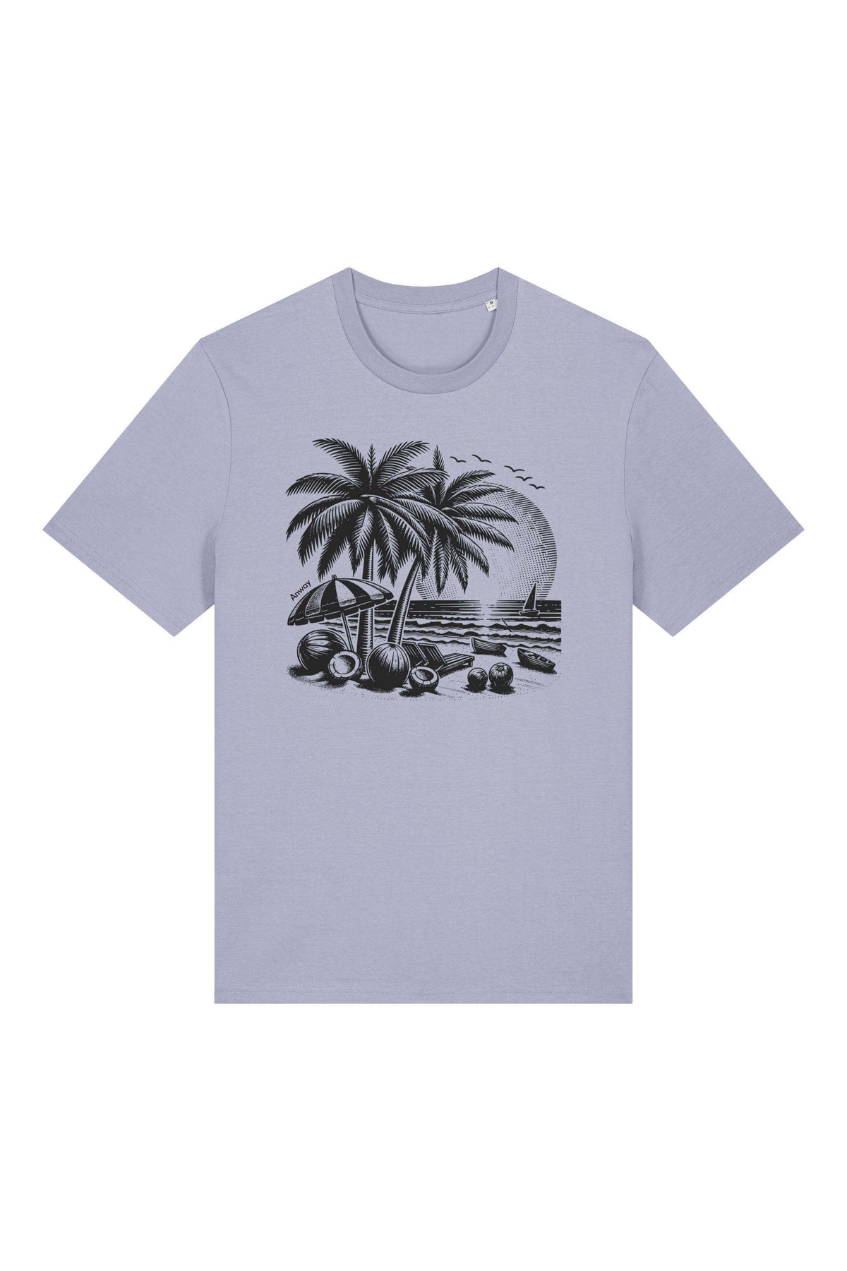 T-Shirt aus 100 % Bio-Baumwolle mit normaler Passform, erhältlich in verschiedenen Farben wie Blue Soul, Cotton Pink, Lavender, Aloe, Weiss und Schwarz. Individuell bedruckbar mit Wunschmotiv. Weiches, angenehm leichtes Material für hohen Tragekomfort. Ideal für einen zeitgemässen, entspannten Look. T-Shirt mit einem detaillierten Strandmotiv mit Palmen, Kokosnüssen und Sonnenuntergang auf der Vorderseite. 