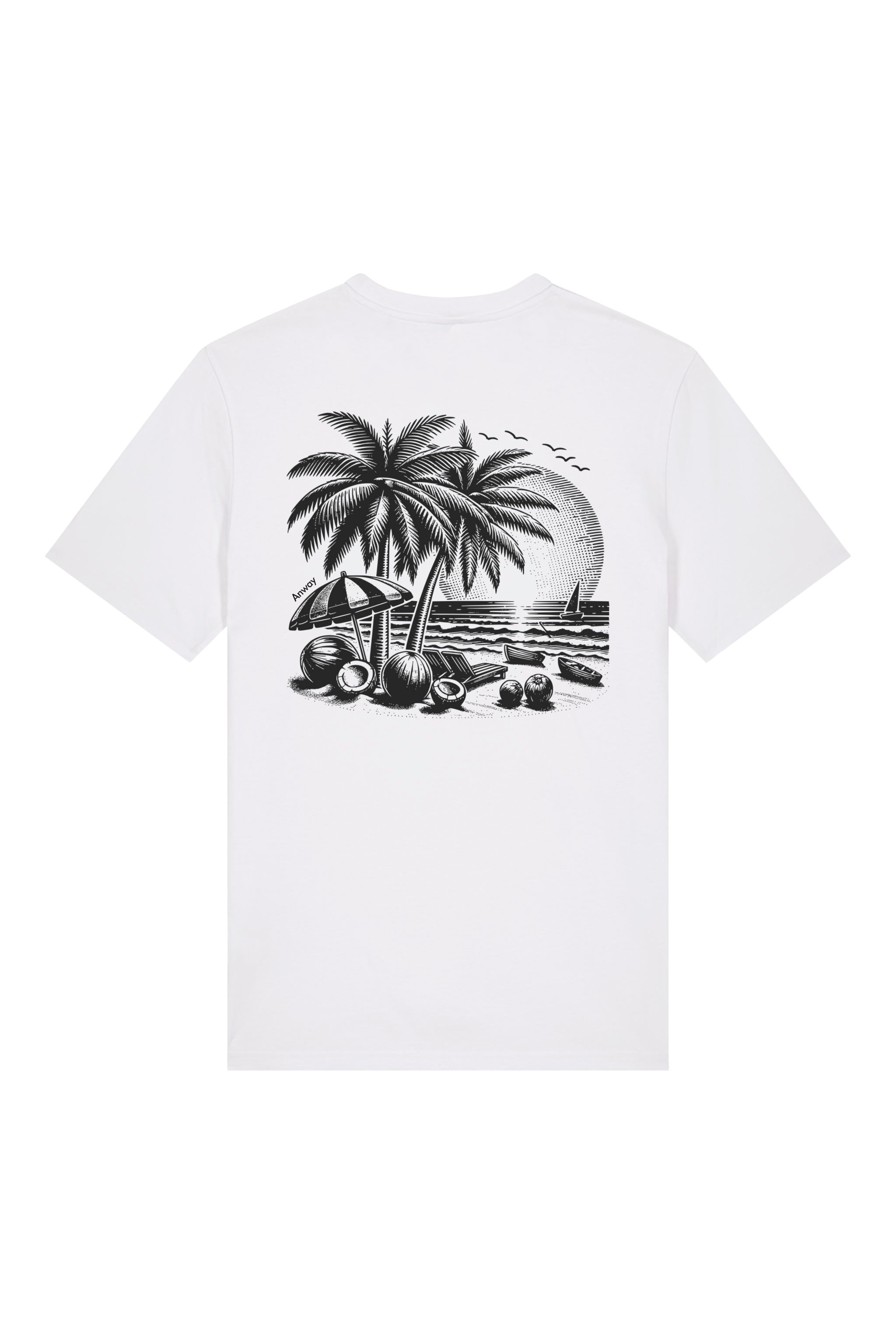 T-Shirt aus 100 % Bio-Baumwolle mit normaler Passform, erhältlich in verschiedenen Farben wie Blue Soul, Cotton Pink, Lavender, Aloe, Weiss und Schwarz. Individuell bedruckbar mit Wunschmotiv. Weiches, angenehm leichtes Material für hohen Tragekomfort. Ideal für einen zeitgemässen, entspannten Look. T-Shirt mit kleinem Motiv einer Palme und eines Liegestuhls auf der linken Brust und einem detaillierten Strandmotiv mit Palmen, Kokosnüssen und Sonnenuntergang auf der Rückseite. 
