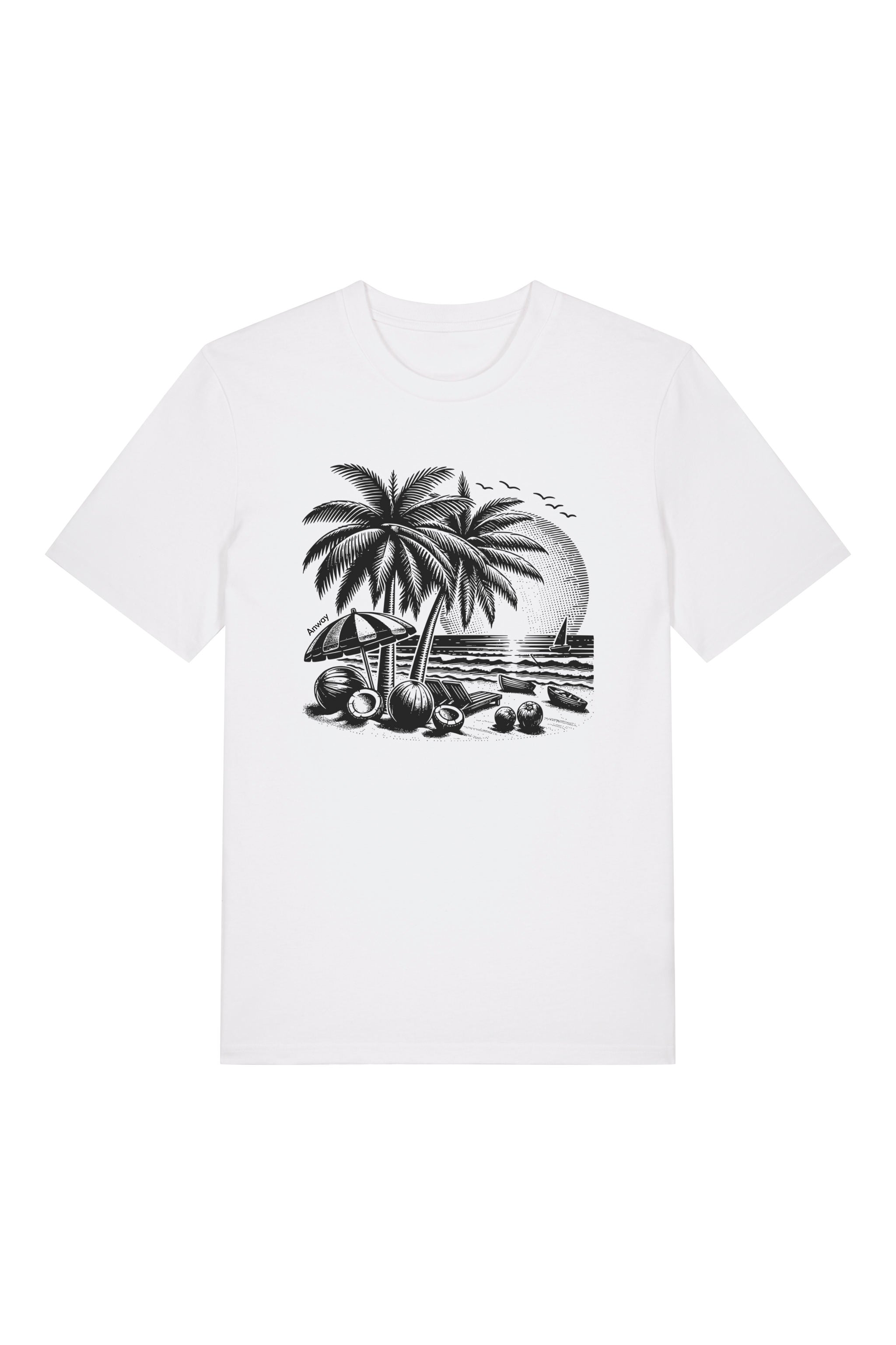 T-Shirt aus 100 % Bio-Baumwolle mit normaler Passform, erhältlich in verschiedenen Farben wie Blue Soul, Cotton Pink, Lavender, Aloe, Weiss und Schwarz. Individuell bedruckbar mit Wunschmotiv. Weiches, angenehm leichtes Material für hohen Tragekomfort. Ideal für einen zeitgemässen, entspannten Look. T-Shirt mit einem detaillierten Strandmotiv mit Palmen, Kokosnüssen und Sonnenuntergang auf der Vorderseite. 