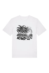 T-Shirt aus 100 % Bio-Baumwolle mit normaler Passform, erhältlich in verschiedenen Farben wie Blue Soul, Cotton Pink, Lavender, Aloe, Weiss und Schwarz. Individuell bedruckbar mit Wunschmotiv. Weiches, angenehm leichtes Material für hohen Tragekomfort. Ideal für einen zeitgemässen, entspannten Look. T-Shirt mit einem detaillierten Strandmotiv mit Palmen, Kokosnüssen und Sonnenuntergang auf der Vorderseite. 