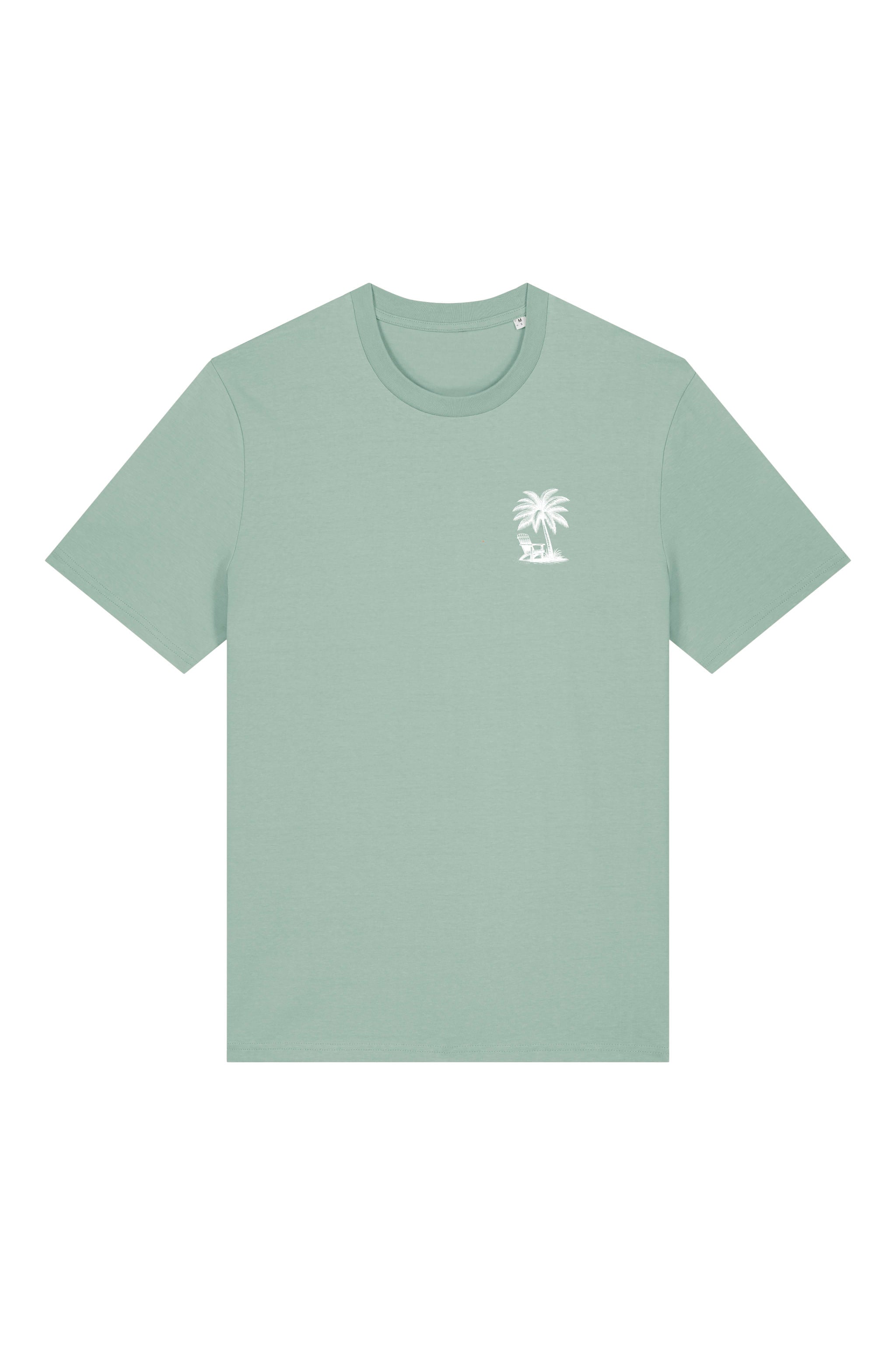 T-Shirt aus 100 % Bio-Baumwolle mit normaler Passform, erhältlich in verschiedenen Farben wie Blue Soul, Cotton Pink, Lavender, Aloe, Weiss und Schwarz. Individuell bedruckbar mit Wunschmotiv. Weiches, angenehm leichtes Material für hohen Tragekomfort. Ideal für einen zeitgemässen, entspannten Look. T-Shirt mit kleinem Motiv einer Palme und eines Liegestuhls auf der linken Brust und einem detaillierten Strandmotiv mit Palmen, Kokosnüssen und Sonnenuntergang auf der Rückseite. 