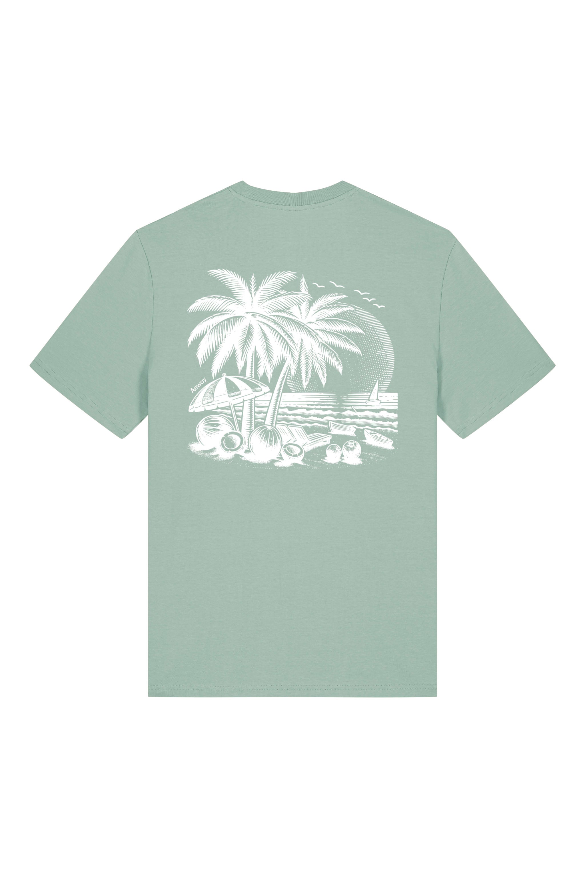 T-Shirt aus 100 % Bio-Baumwolle mit normaler Passform, erhältlich in verschiedenen Farben wie Blue Soul, Cotton Pink, Lavender, Aloe, Weiss und Schwarz. Individuell bedruckbar mit Wunschmotiv. Weiches, angenehm leichtes Material für hohen Tragekomfort. Ideal für einen zeitgemässen, entspannten Look. T-Shirt mit kleinem Motiv einer Palme und eines Liegestuhls auf der linken Brust und einem detaillierten Strandmotiv mit Palmen, Kokosnüssen und Sonnenuntergang auf der Rückseite. 