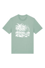 T-Shirt aus 100 % Bio-Baumwolle mit normaler Passform, erhältlich in verschiedenen Farben wie Blue Soul, Cotton Pink, Lavender, Aloe, Weiss und Schwarz. Individuell bedruckbar mit Wunschmotiv. Weiches, angenehm leichtes Material für hohen Tragekomfort. Ideal für einen zeitgemässen, entspannten Look. T-Shirt mit einem detaillierten Strandmotiv mit Palmen, Kokosnüssen und Sonnenuntergang auf der Vorderseite. 
