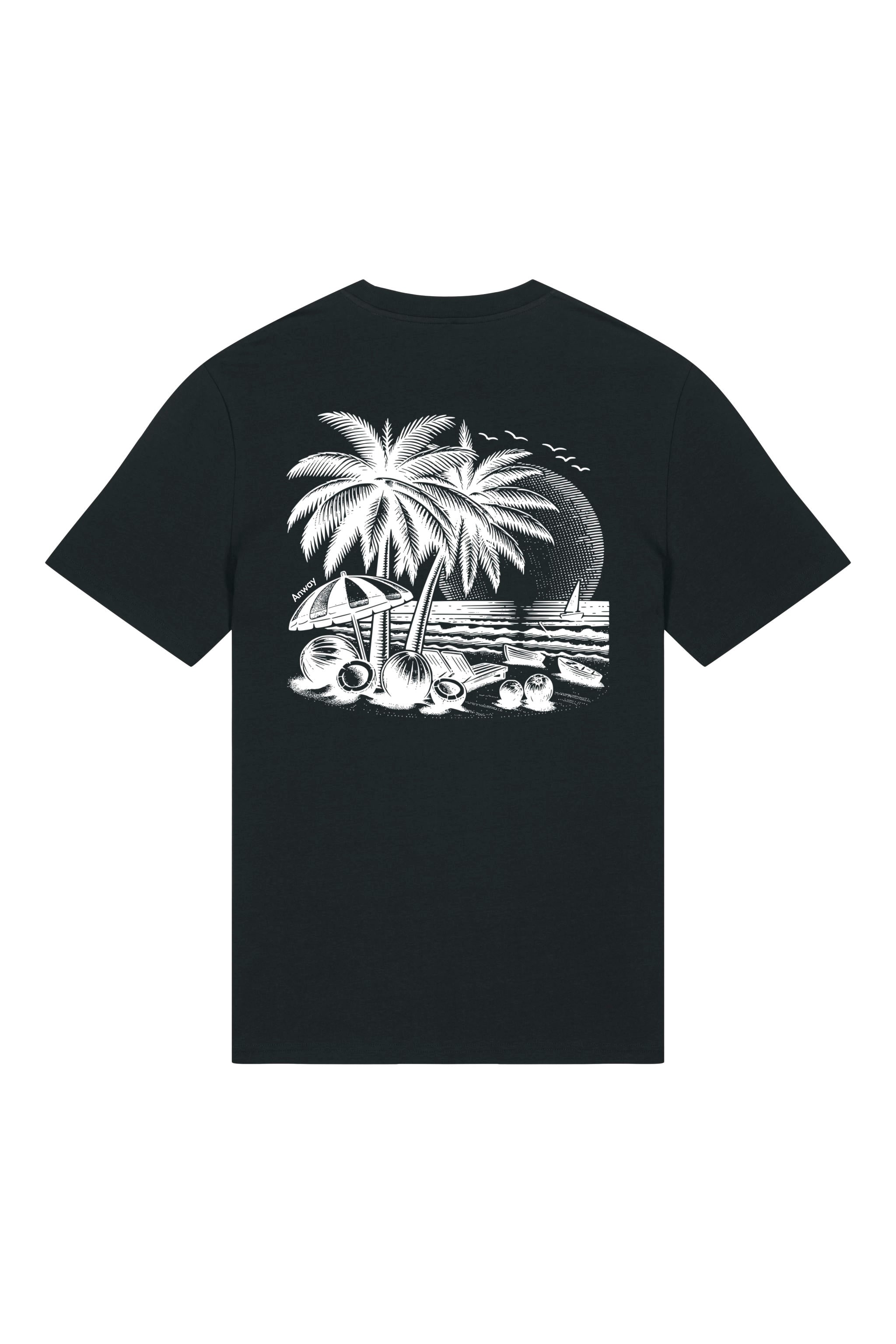 T-Shirt aus 100 % Bio-Baumwolle mit normaler Passform, erhältlich in verschiedenen Farben wie Blue Soul, Cotton Pink, Lavender, Aloe, Weiss und Schwarz. Individuell bedruckbar mit Wunschmotiv. Weiches, angenehm leichtes Material für hohen Tragekomfort. Ideal für einen zeitgemässen, entspannten Look. T-Shirt mit kleinem Motiv einer Palme und eines Liegestuhls auf der linken Brust und einem detaillierten Strandmotiv mit Palmen, Kokosnüssen und Sonnenuntergang auf der Rückseite. 