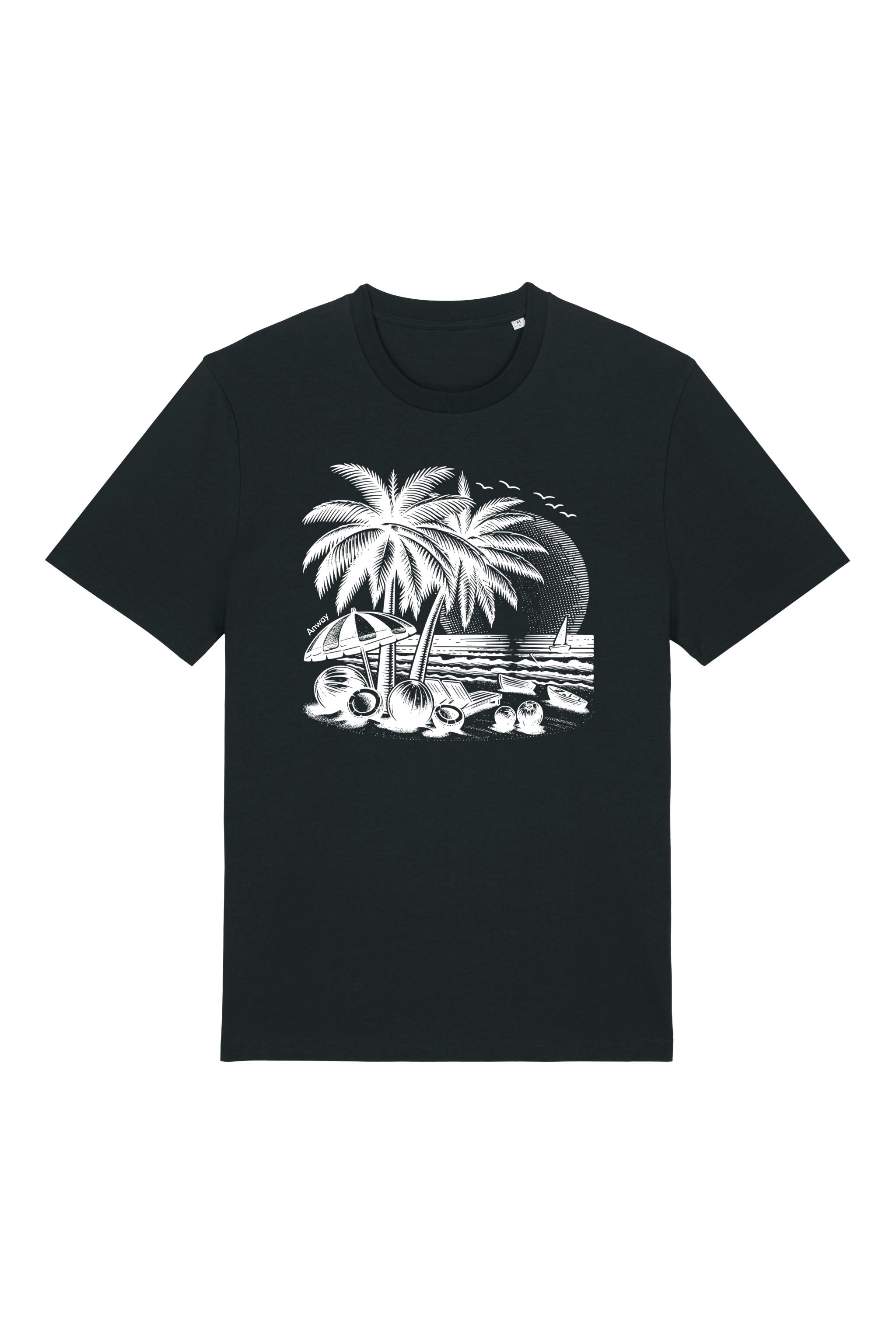 T-Shirt aus 100 % Bio-Baumwolle mit normaler Passform, erhältlich in verschiedenen Farben wie Blue Soul, Cotton Pink, Lavender, Aloe, Weiss und Schwarz. Individuell bedruckbar mit Wunschmotiv. Weiches, angenehm leichtes Material für hohen Tragekomfort. Ideal für einen zeitgemässen, entspannten Look. T-Shirt mit einem detaillierten Strandmotiv mit Palmen, Kokosnüssen und Sonnenuntergang auf der Vorderseite. 