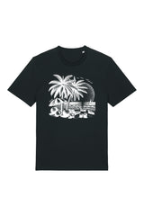 T-Shirt aus 100 % Bio-Baumwolle mit normaler Passform, erhältlich in verschiedenen Farben wie Blue Soul, Cotton Pink, Lavender, Aloe, Weiss und Schwarz. Individuell bedruckbar mit Wunschmotiv. Weiches, angenehm leichtes Material für hohen Tragekomfort. Ideal für einen zeitgemässen, entspannten Look. T-Shirt mit einem detaillierten Strandmotiv mit Palmen, Kokosnüssen und Sonnenuntergang auf der Vorderseite. 