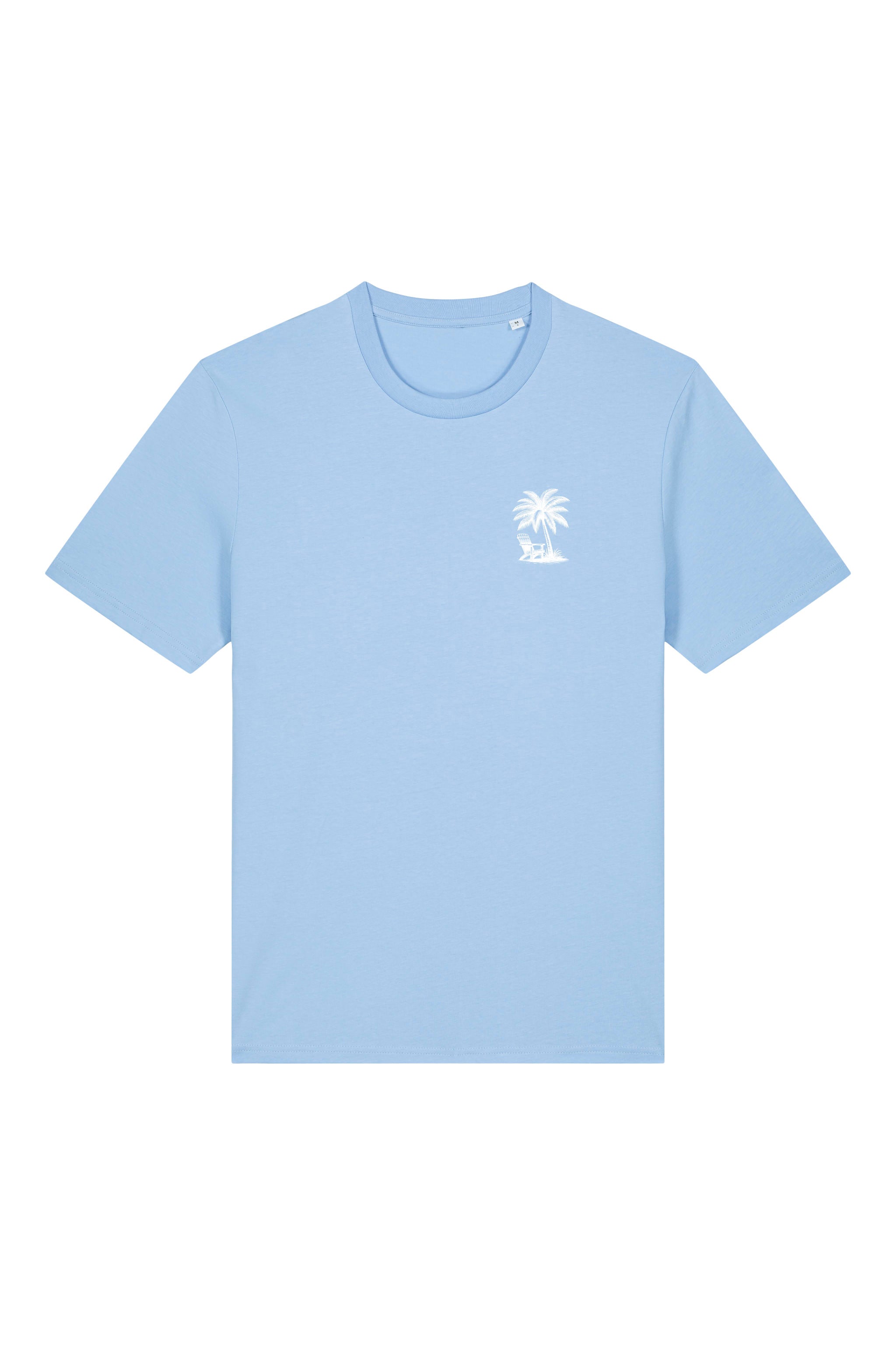 T-Shirt aus 100 % Bio-Baumwolle mit normaler Passform, erhältlich in verschiedenen Farben wie Blue Soul, Cotton Pink, Lavender, Aloe, Weiss und Schwarz. Individuell bedruckbar mit Wunschmotiv. Weiches, angenehm leichtes Material für hohen Tragekomfort. Ideal für einen zeitgemässen, entspannten Look. T-Shirt mit kleinem Motiv einer Palme und eines Liegestuhls auf der linken Brust und einem detaillierten Strandmotiv mit Palmen, Kokosnüssen und Sonnenuntergang auf der Rückseite. 