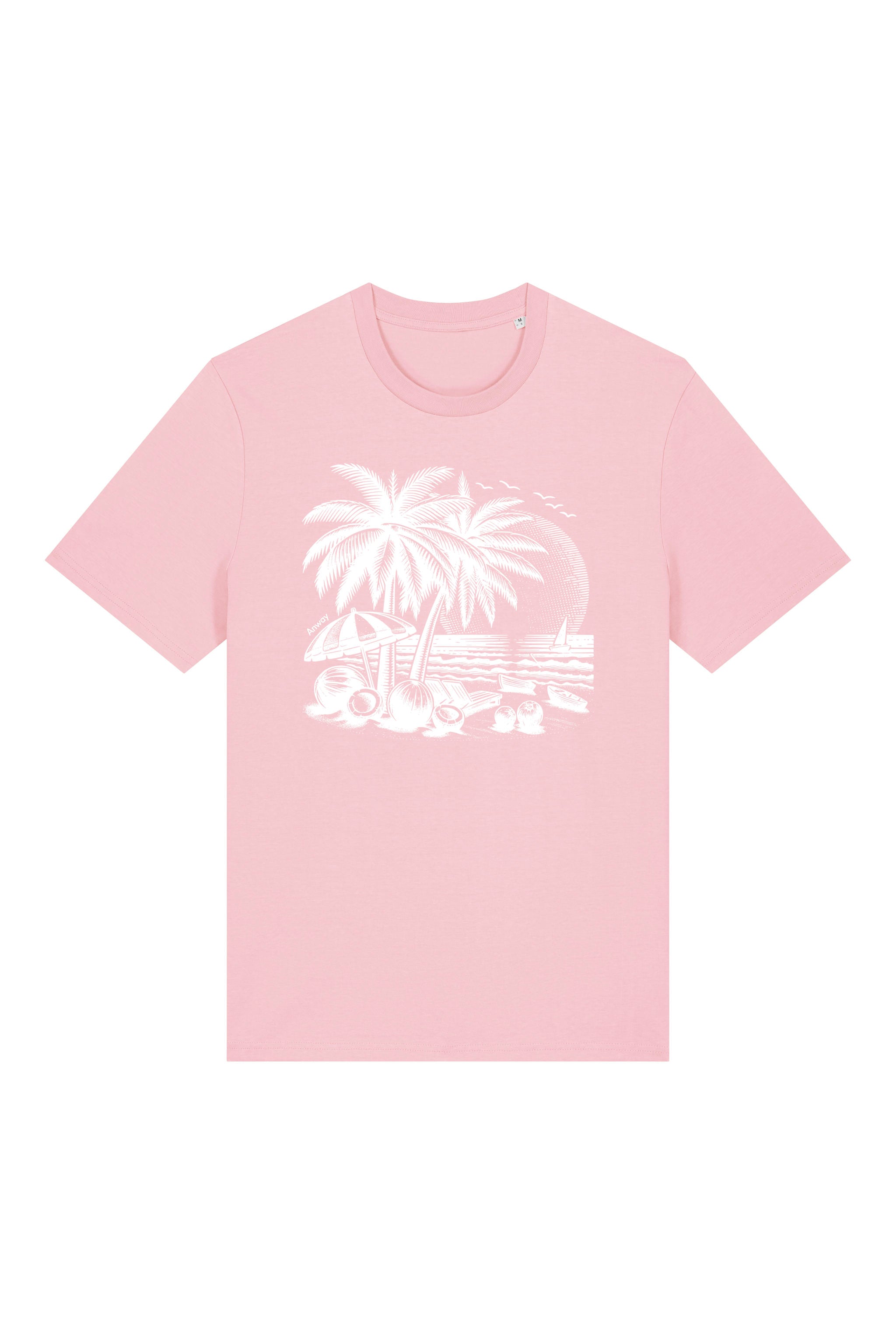 T-Shirt aus 100 % Bio-Baumwolle mit normaler Passform, erhältlich in verschiedenen Farben wie Blue Soul, Cotton Pink, Lavender, Aloe, Weiss und Schwarz. Individuell bedruckbar mit Wunschmotiv. Weiches, angenehm leichtes Material für hohen Tragekomfort. Ideal für einen zeitgemässen, entspannten Look. T-Shirt mit einem detaillierten Strandmotiv mit Palmen, Kokosnüssen und Sonnenuntergang auf der Vorderseite. 