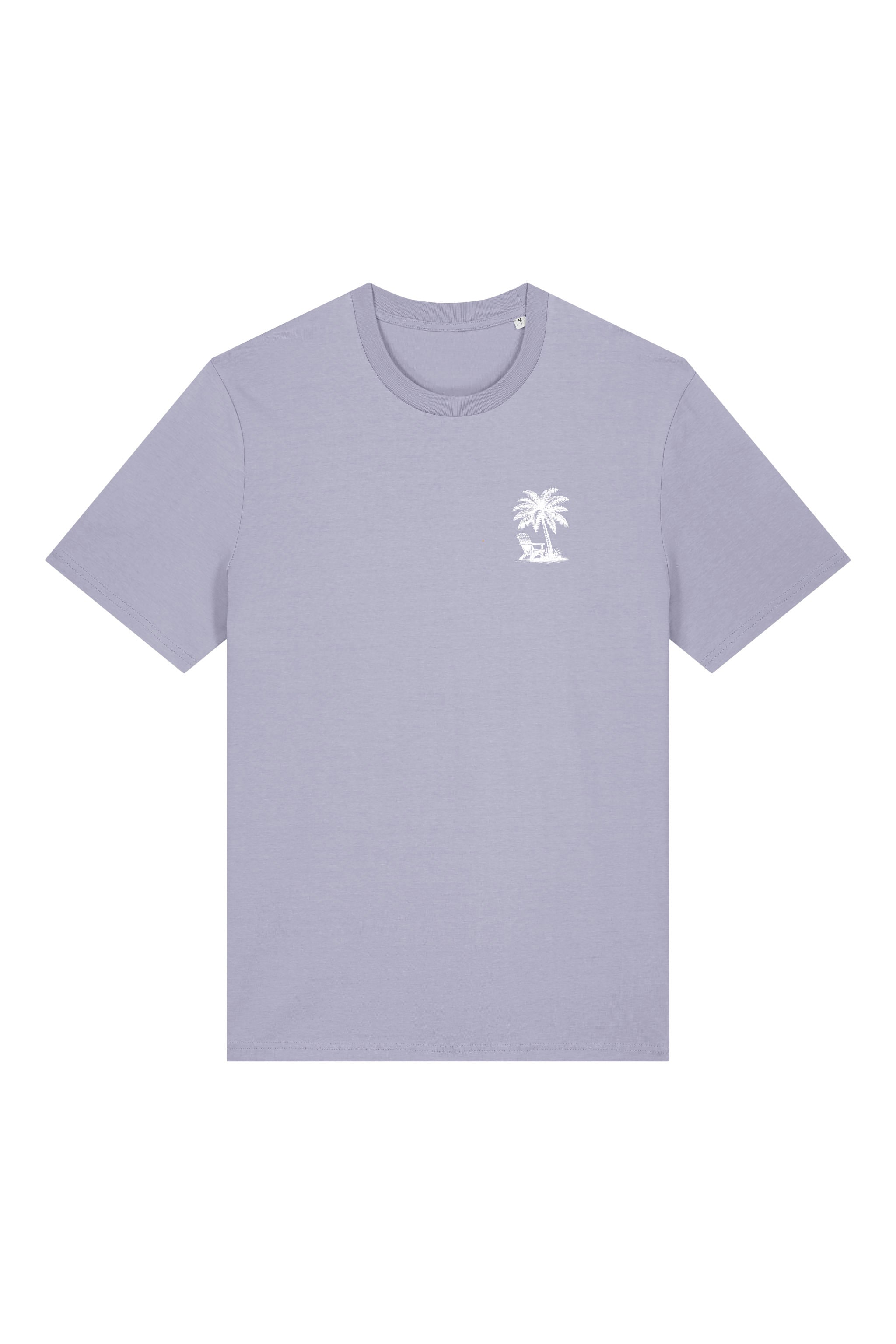 T-Shirt aus 100 % Bio-Baumwolle mit normaler Passform, erhältlich in verschiedenen Farben wie Blue Soul, Cotton Pink, Lavender, Aloe, Weiss und Schwarz. Individuell bedruckbar mit Wunschmotiv. Weiches, angenehm leichtes Material für hohen Tragekomfort. Ideal für einen zeitgemässen, entspannten Look. T-Shirt mit kleinem Motiv einer Palme und eines Liegestuhls auf der linken Brust und einem detaillierten Strandmotiv mit Palmen, Kokosnüssen und Sonnenuntergang auf der Rückseite. 