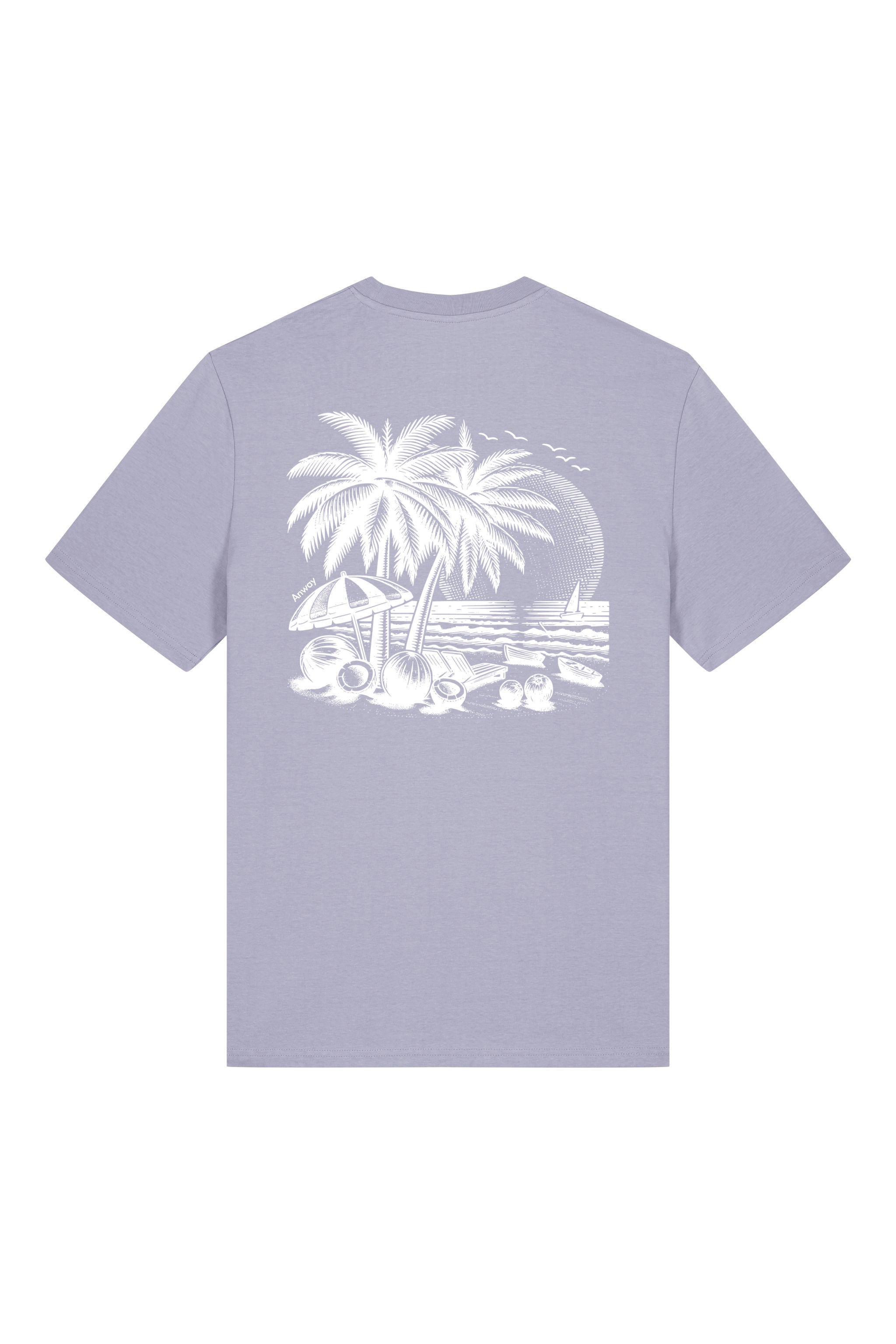 T-Shirt aus 100 % Bio-Baumwolle mit normaler Passform, erhältlich in verschiedenen Farben wie Blue Soul, Cotton Pink, Lavender, Aloe, Weiss und Schwarz. Individuell bedruckbar mit Wunschmotiv. Weiches, angenehm leichtes Material für hohen Tragekomfort. Ideal für einen zeitgemässen, entspannten Look. T-Shirt mit kleinem Motiv einer Palme und eines Liegestuhls auf der linken Brust und einem detaillierten Strandmotiv mit Palmen, Kokosnüssen und Sonnenuntergang auf der Rückseite. 