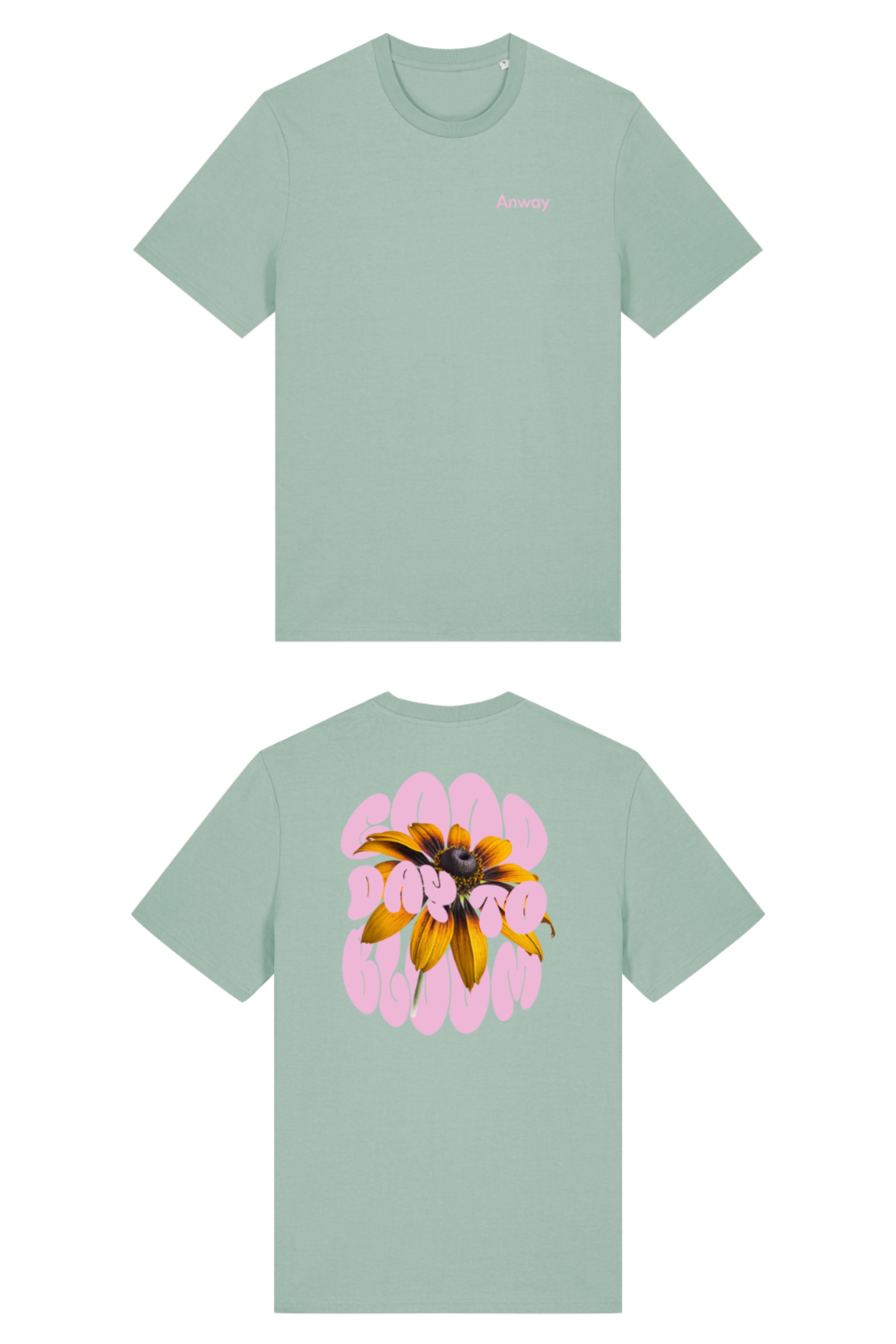T-Shirt aus 100 % Bio-Baumwolle mit normaler Passform, erhältlich in verschiedenen Farben wie Blue Soul, Cotton Pink, Lavender, Aloe, Weiss und Schwarz. Individuell bedruckbar mit Wunschmotiv. Weiches, angenehm leichtes Material für hohen Tragekomfort. Ideal für einen zeitgemässen, entspannten Look. Vorderseite: Kleiner „Anway“-Schriftzug auf der linken Brust. Rückseite: Grosses Design mit Sonnenblume und Text „GOOD DAY TO BLOOM“.