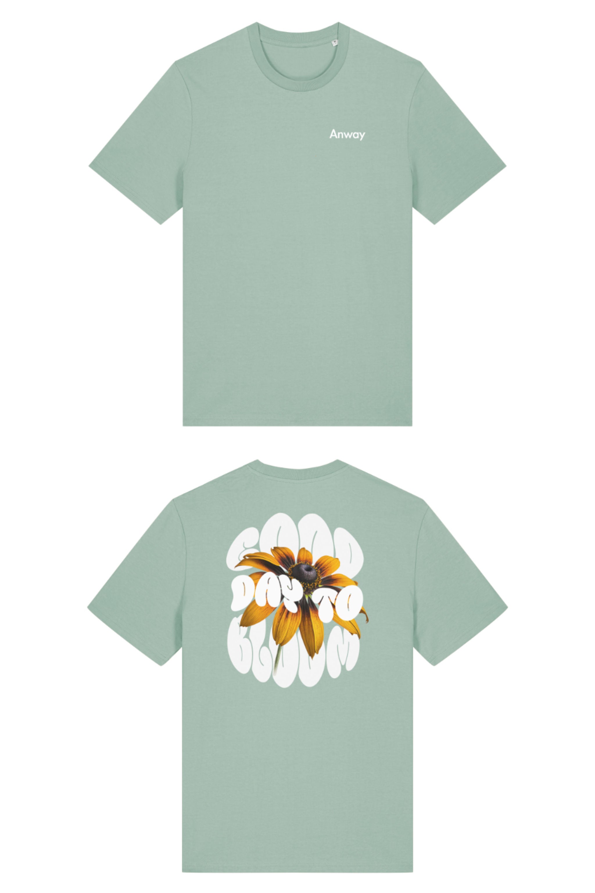 T-Shirt aus 100 % Bio-Baumwolle mit normaler Passform, erhältlich in verschiedenen Farben wie Blue Soul, Cotton Pink, Lavender, Aloe, Weiss und Schwarz. Individuell bedruckbar mit Wunschmotiv. Weiches, angenehm leichtes Material für hohen Tragekomfort. Ideal für einen zeitgemässen, entspannten Look. Vorderseite: Kleiner „Anway“-Schriftzug auf der linken Brust. Rückseite: Grosses Design mit Sonnenblume und Text „GOOD DAY TO BLOOM“.