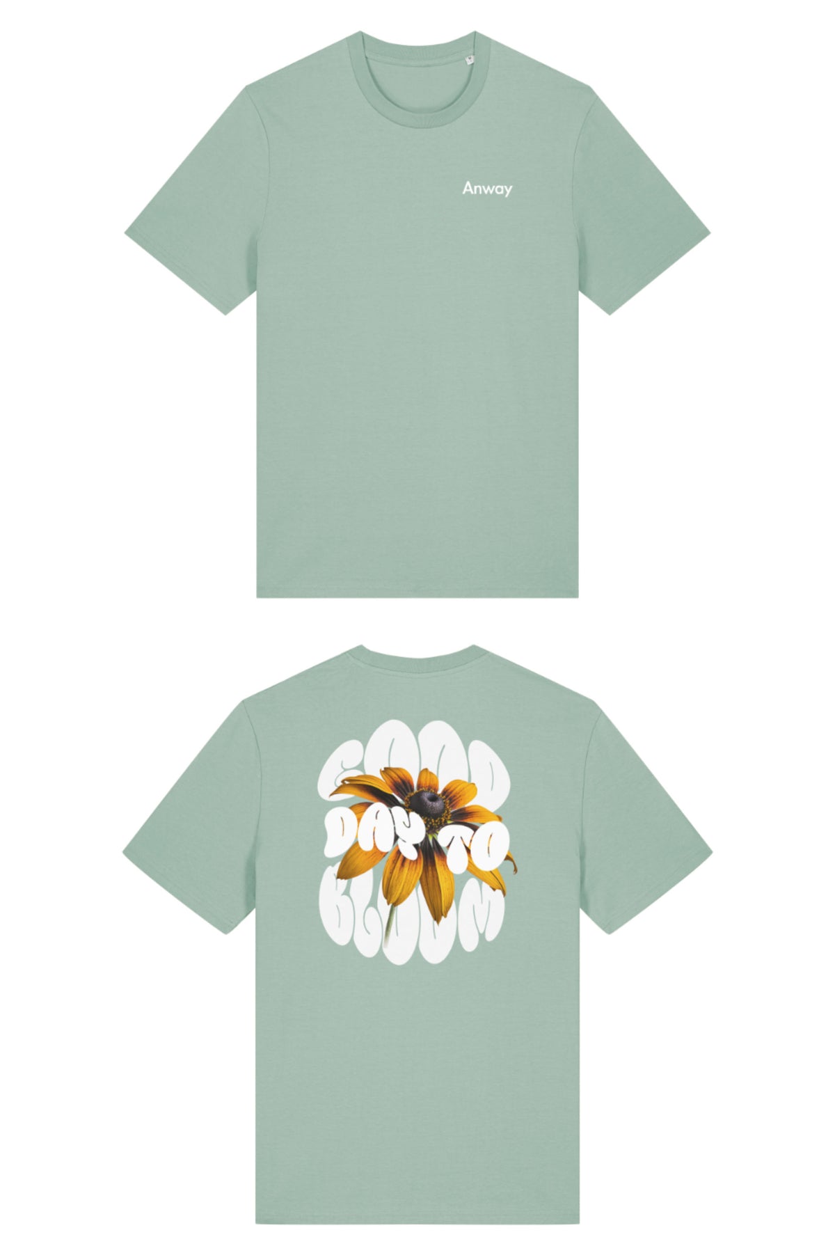 T-Shirt aus 100 % Bio-Baumwolle mit normaler Passform, erhältlich in verschiedenen Farben wie Blue Soul, Cotton Pink, Lavender, Aloe, Weiss und Schwarz. Individuell bedruckbar mit Wunschmotiv. Weiches, angenehm leichtes Material für hohen Tragekomfort. Ideal für einen zeitgemässen, entspannten Look. Vorderseite: Kleiner „Anway“-Schriftzug auf der linken Brust. Rückseite: Grosses Design mit Sonnenblume und Text „GOOD DAY TO BLOOM“.