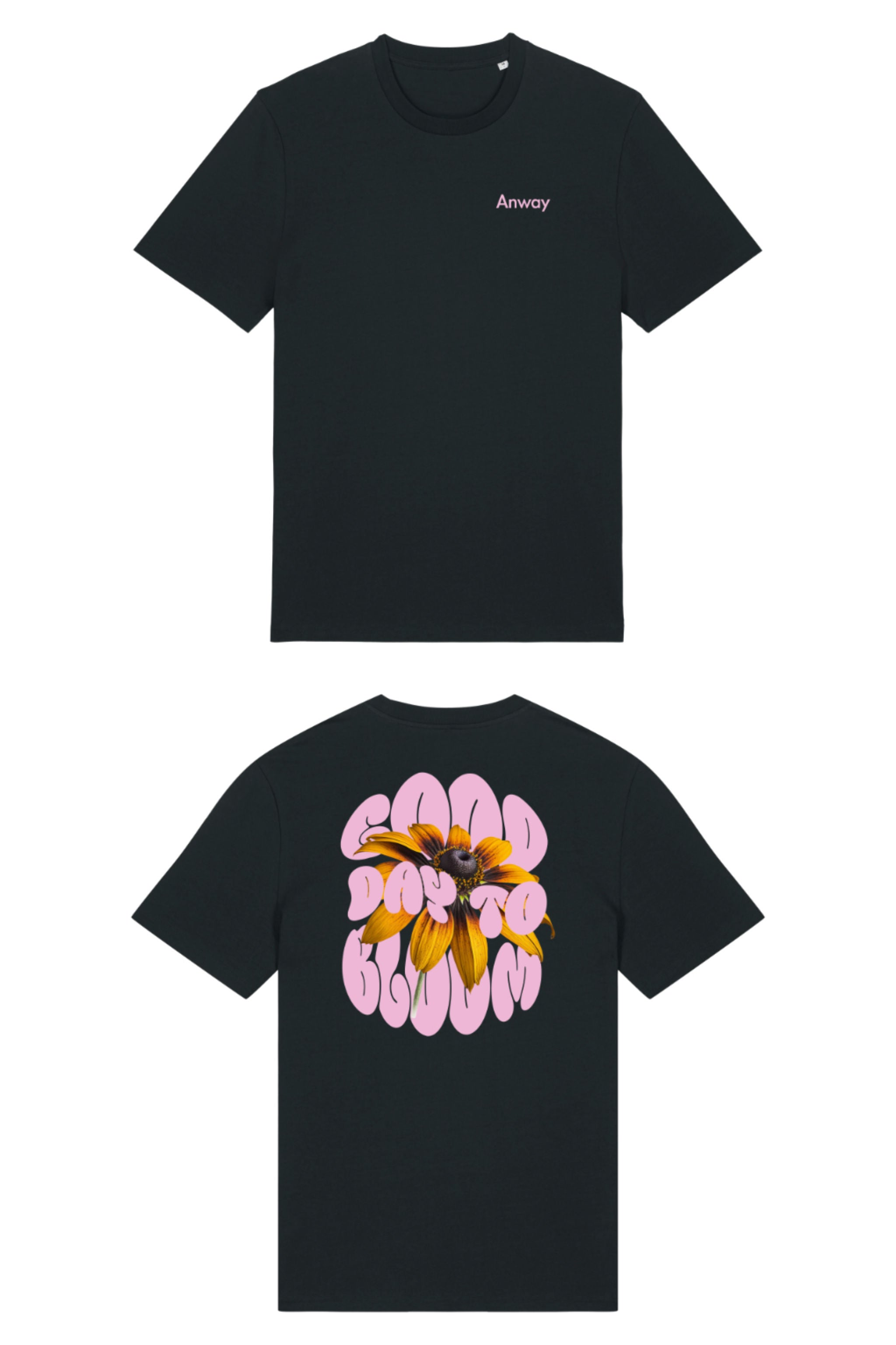T-Shirt aus 100 % Bio-Baumwolle mit normaler Passform, erhältlich in verschiedenen Farben wie Blue Soul, Cotton Pink, Lavender, Aloe, Weiss und Schwarz. Individuell bedruckbar mit Wunschmotiv. Weiches, angenehm leichtes Material für hohen Tragekomfort. Ideal für einen zeitgemässen, entspannten Look. Vorderseite: Kleiner „Anway“-Schriftzug auf der linken Brust. Rückseite: Grosses Design mit Sonnenblume und Text „GOOD DAY TO BLOOM“.