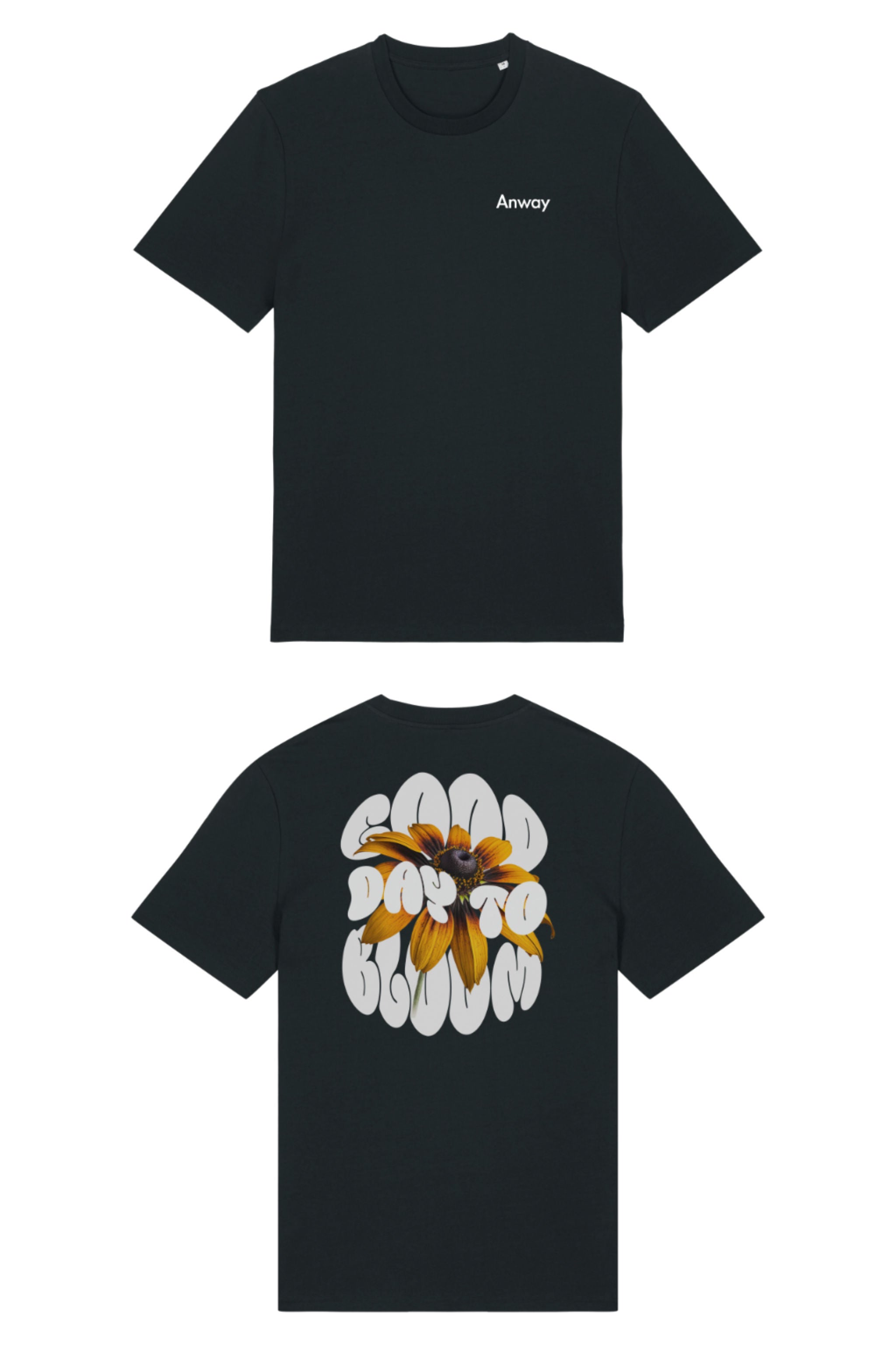 T-Shirt aus 100 % Bio-Baumwolle mit normaler Passform, erhältlich in verschiedenen Farben wie Blue Soul, Cotton Pink, Lavender, Aloe, Weiss und Schwarz. Individuell bedruckbar mit Wunschmotiv. Weiches, angenehm leichtes Material für hohen Tragekomfort. Ideal für einen zeitgemässen, entspannten Look. Vorderseite: Kleiner „Anway“-Schriftzug auf der linken Brust. Rückseite: Grosses Design mit Sonnenblume und Text „GOOD DAY TO BLOOM“.