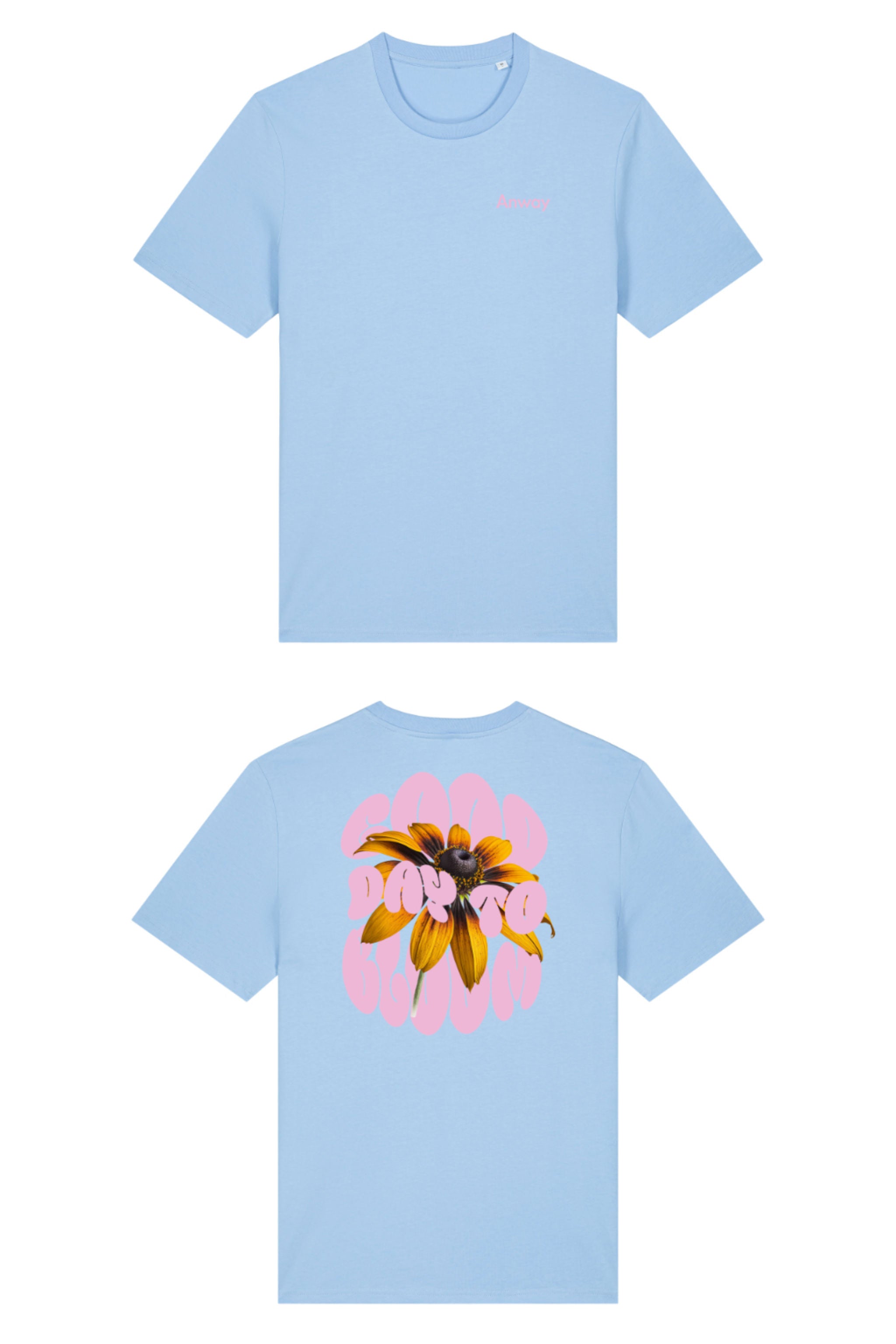 T-Shirt aus 100 % Bio-Baumwolle mit normaler Passform, erhältlich in verschiedenen Farben wie Blue Soul, Cotton Pink, Lavender, Aloe, Weiss und Schwarz. Individuell bedruckbar mit Wunschmotiv. Weiches, angenehm leichtes Material für hohen Tragekomfort. Ideal für einen zeitgemässen, entspannten Look. Vorderseite: Kleiner „Anway“-Schriftzug auf der linken Brust. Rückseite: Grosses Design mit Sonnenblume und Text „GOOD DAY TO BLOOM“.