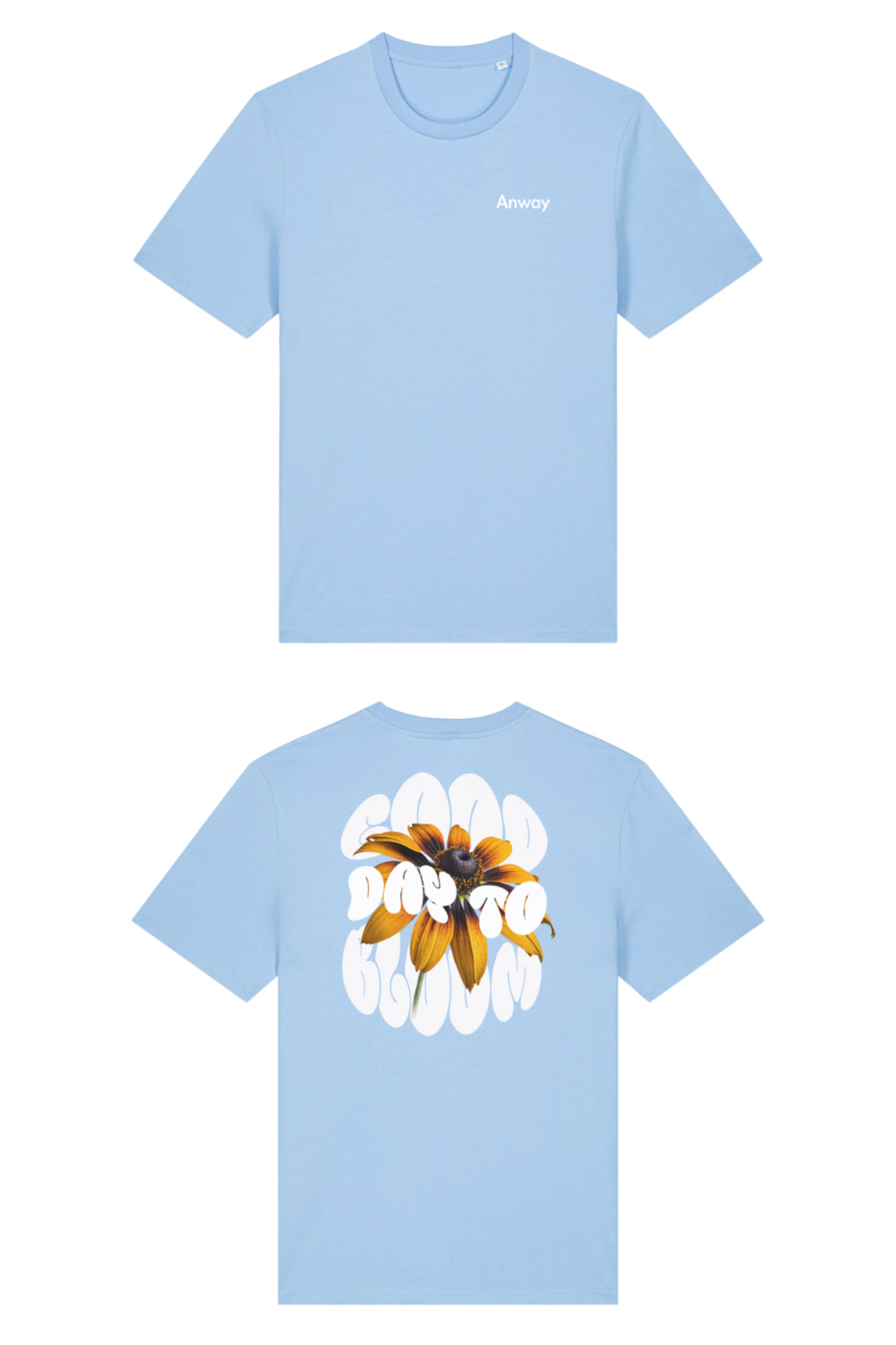 T-Shirt aus 100 % Bio-Baumwolle mit normaler Passform, erhältlich in verschiedenen Farben wie Blue Soul, Cotton Pink, Lavender, Aloe, Weiss und Schwarz. Individuell bedruckbar mit Wunschmotiv. Weiches, angenehm leichtes Material für hohen Tragekomfort. Ideal für einen zeitgemässen, entspannten Look. Vorderseite: Kleiner „Anway“-Schriftzug auf der linken Brust. Rückseite: Grosses Design mit Sonnenblume und Text „GOOD DAY TO BLOOM“.