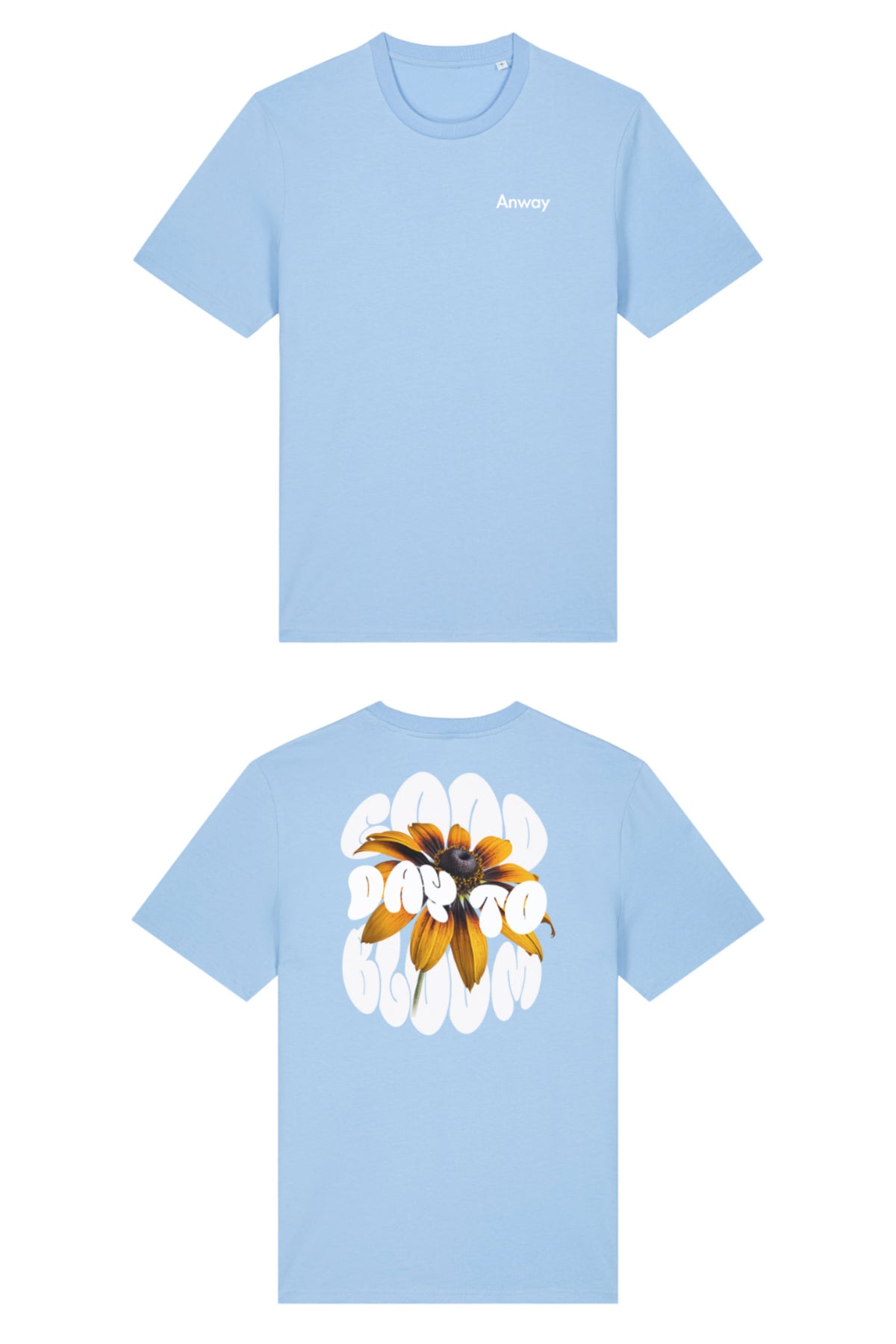 T-Shirt aus 100 % Bio-Baumwolle mit normaler Passform, erhältlich in verschiedenen Farben wie Blue Soul, Cotton Pink, Lavender, Aloe, Weiss und Schwarz. Individuell bedruckbar mit Wunschmotiv. Weiches, angenehm leichtes Material für hohen Tragekomfort. Ideal für einen zeitgemässen, entspannten Look. Vorderseite: Kleiner „Anway“-Schriftzug auf der linken Brust. Rückseite: Grosses Design mit Sonnenblume und Text „GOOD DAY TO BLOOM“.