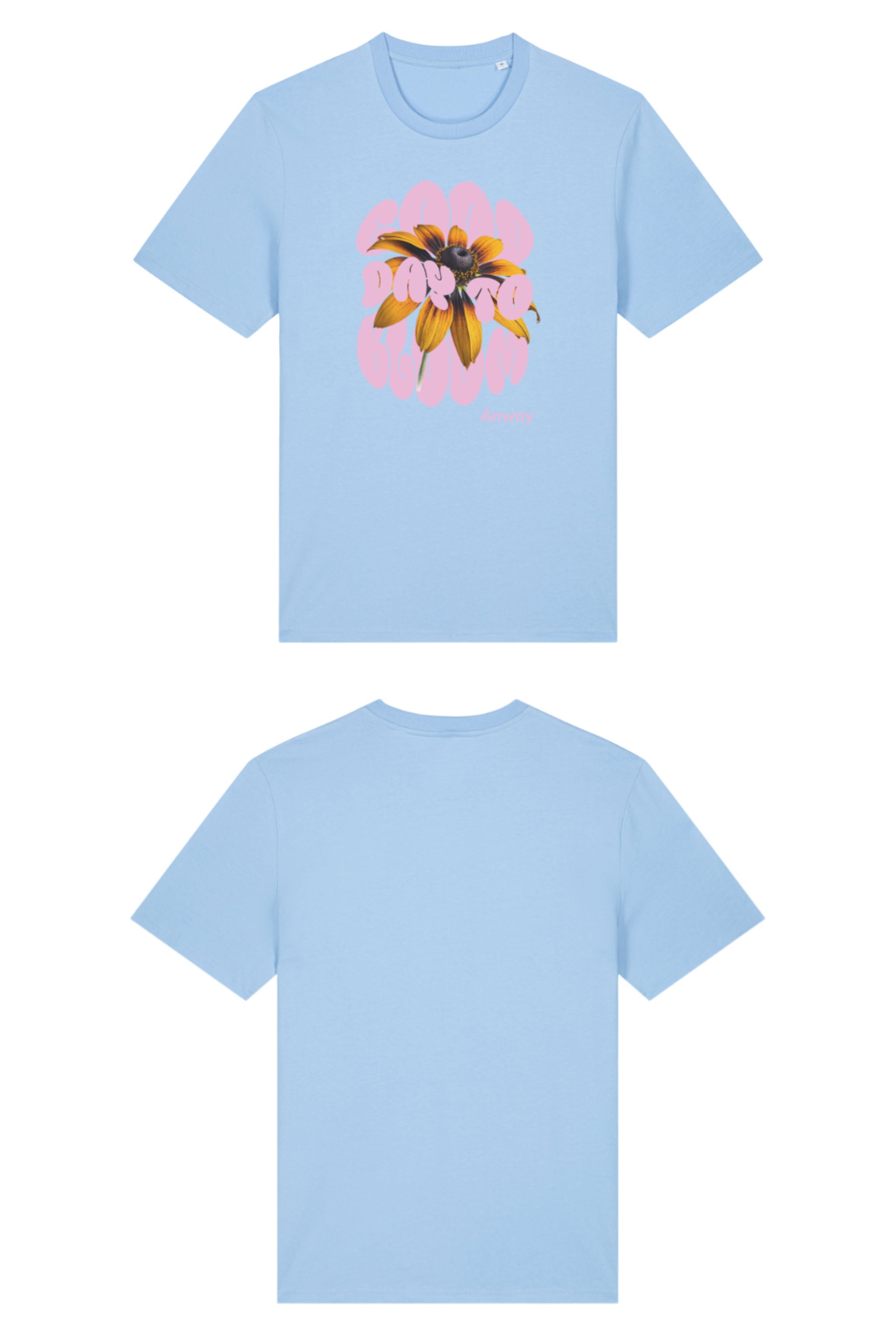 T-Shirt aus 100 % Bio-Baumwolle mit normaler Passform, erhältlich in verschiedenen Farben wie Blue Soul, Cotton Pink, Lavender, Aloe, Weiss und Schwarz. Individuell bedruckbar mit Wunschmotiv. Weiches, angenehm leichtes Material für hohen Tragekomfort. Ideal für einen zeitgemässen, entspannten Look. Design mit Sonnenblume und Text „GOOD DAY TO BLOOM“ auf der Vorderseite.
