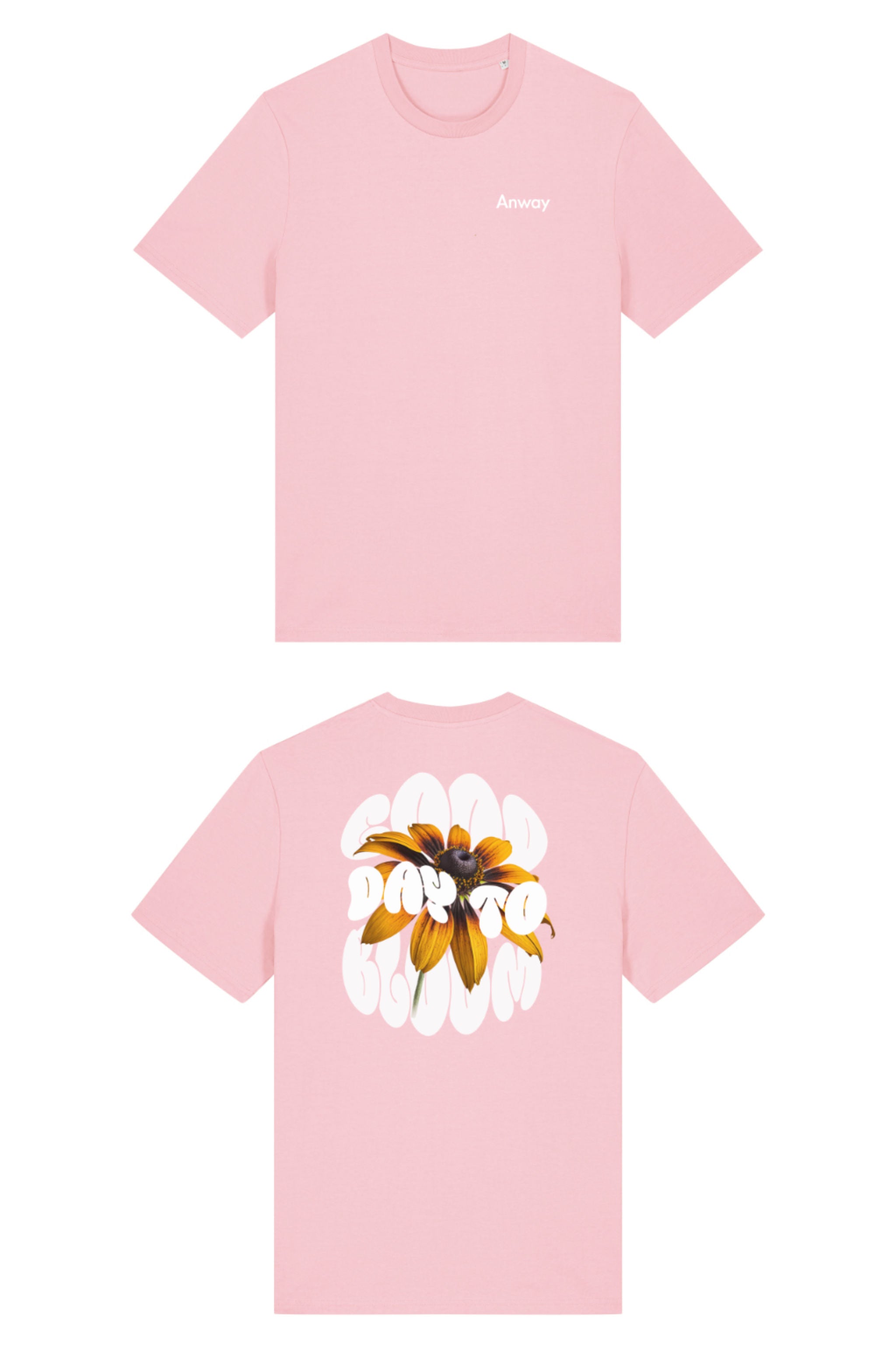 T-Shirt aus 100 % Bio-Baumwolle mit normaler Passform, erhältlich in verschiedenen Farben wie Blue Soul, Cotton Pink, Lavender, Aloe, Weiss und Schwarz. Individuell bedruckbar mit Wunschmotiv. Weiches, angenehm leichtes Material für hohen Tragekomfort. Ideal für einen zeitgemässen, entspannten Look. Vorderseite: Kleiner „Anway“-Schriftzug auf der linken Brust. Rückseite: Grosses Design mit Sonnenblume und Text „GOOD DAY TO BLOOM“.