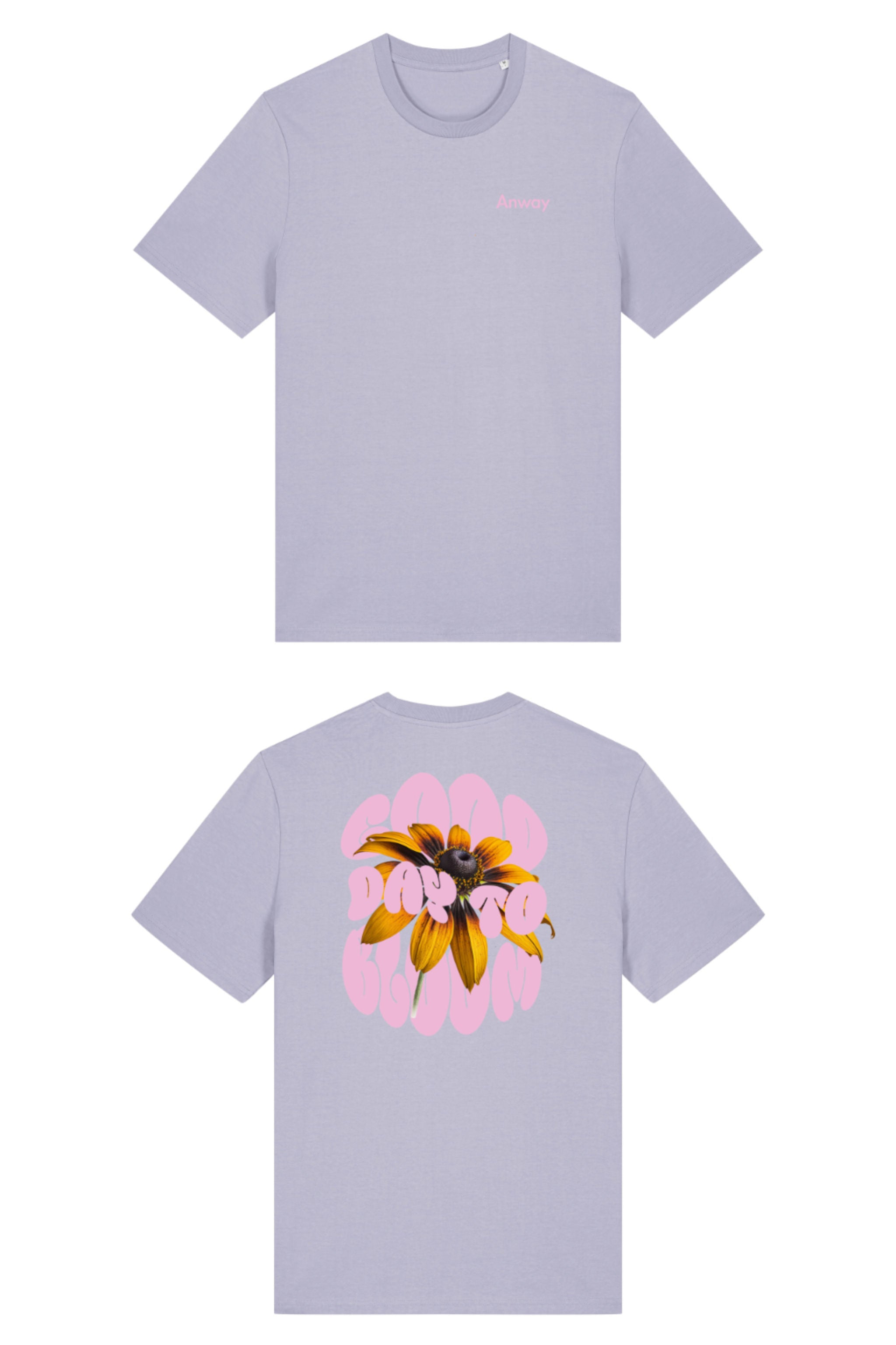 T-Shirt aus 100 % Bio-Baumwolle mit normaler Passform, erhältlich in verschiedenen Farben wie Blue Soul, Cotton Pink, Lavender, Aloe, Weiss und Schwarz. Individuell bedruckbar mit Wunschmotiv. Weiches, angenehm leichtes Material für hohen Tragekomfort. Ideal für einen zeitgemässen, entspannten Look. Vorderseite: Kleiner „Anway“-Schriftzug auf der linken Brust. Rückseite: Grosses Design mit Sonnenblume und Text „GOOD DAY TO BLOOM“.