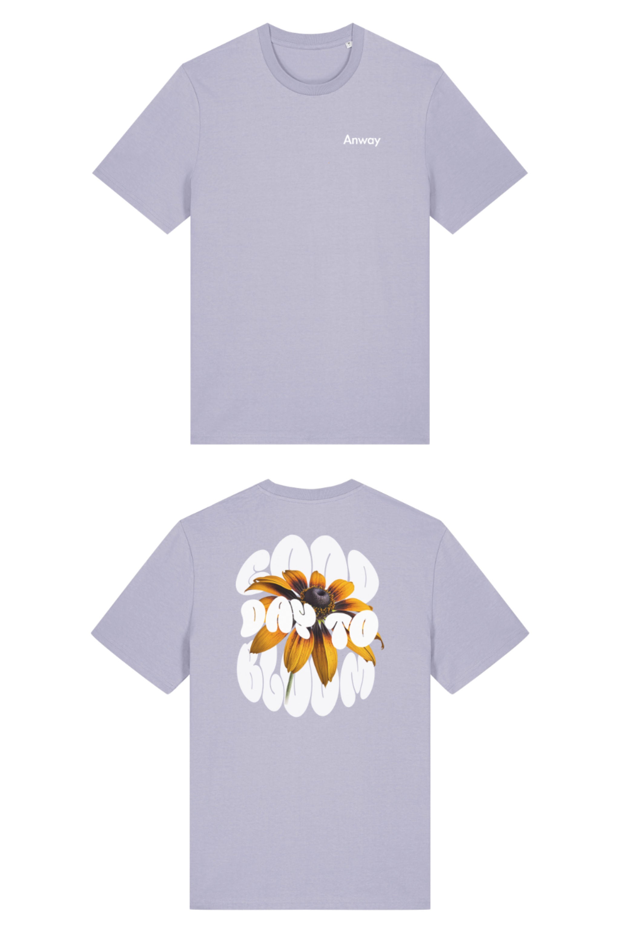 T-Shirt aus 100 % Bio-Baumwolle mit normaler Passform, erhältlich in verschiedenen Farben wie Blue Soul, Cotton Pink, Lavender, Aloe, Weiss und Schwarz. Individuell bedruckbar mit Wunschmotiv. Weiches, angenehm leichtes Material für hohen Tragekomfort. Ideal für einen zeitgemässen, entspannten Look. Vorderseite: Kleiner „Anway“-Schriftzug auf der linken Brust. Rückseite: Grosses Design mit Sonnenblume und Text „GOOD DAY TO BLOOM“.