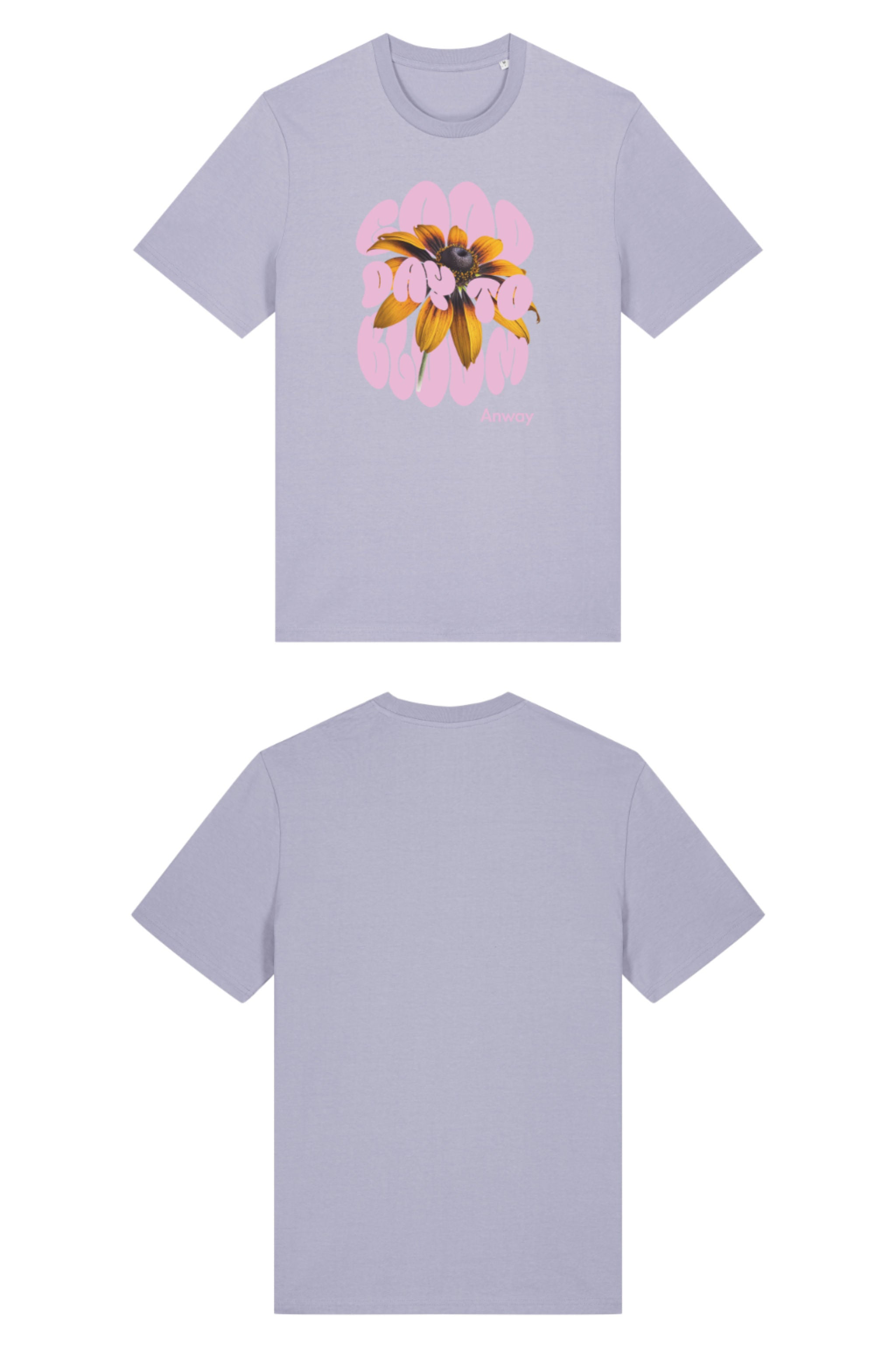 T-Shirt aus 100 % Bio-Baumwolle mit normaler Passform, erhältlich in verschiedenen Farben wie Blue Soul, Cotton Pink, Lavender, Aloe, Weiss und Schwarz. Individuell bedruckbar mit Wunschmotiv. Weiches, angenehm leichtes Material für hohen Tragekomfort. Ideal für einen zeitgemässen, entspannten Look. Design mit Sonnenblume und Text „GOOD DAY TO BLOOM“ auf der Vorderseite.