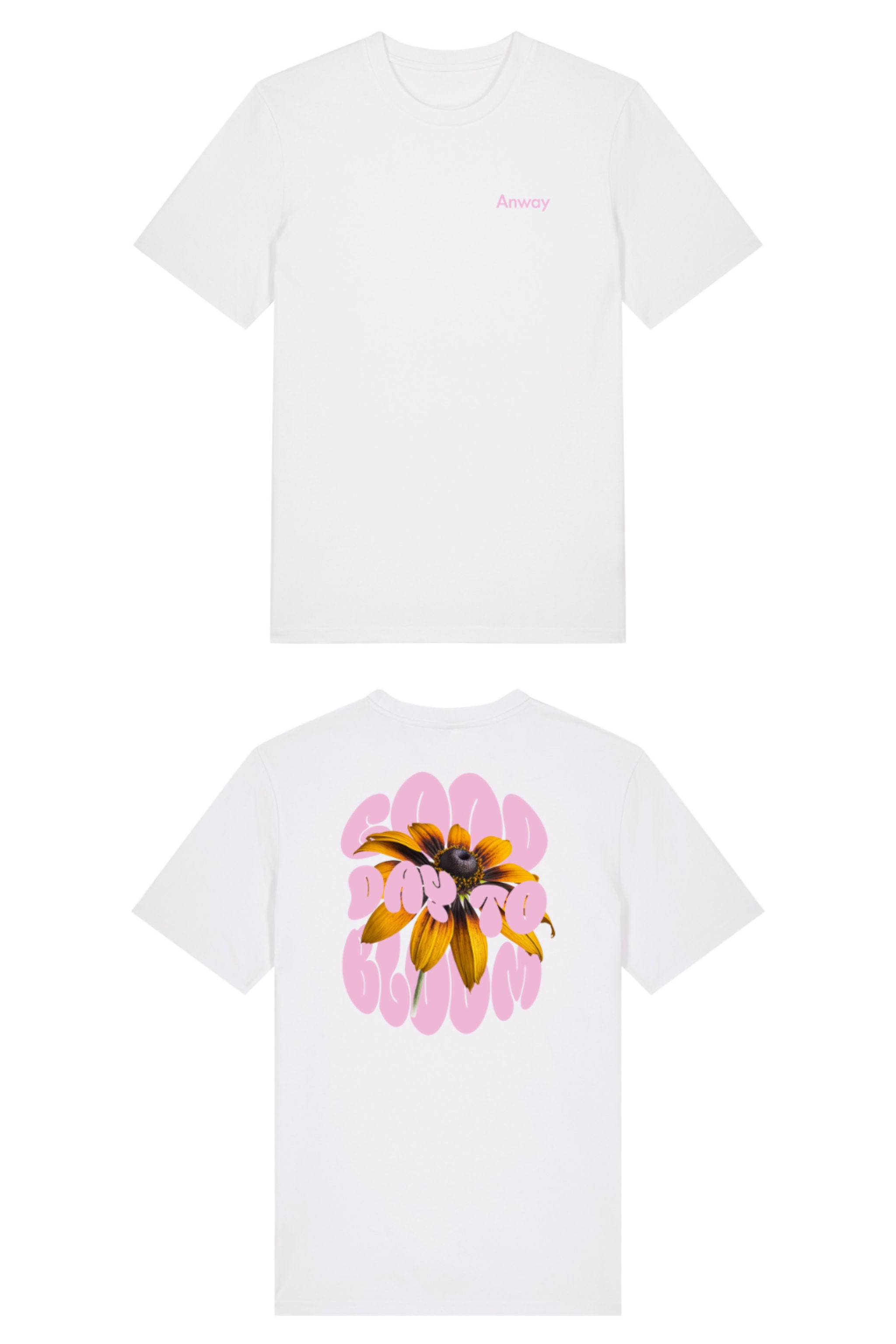 T-Shirt aus 100 % Bio-Baumwolle mit normaler Passform, erhältlich in verschiedenen Farben wie Blue Soul, Cotton Pink, Lavender, Aloe, Weiss und Schwarz. Individuell bedruckbar mit Wunschmotiv. Weiches, angenehm leichtes Material für hohen Tragekomfort. Ideal für einen zeitgemässen, entspannten Look. Vorderseite: Kleiner „Anway“-Schriftzug auf der linken Brust. Rückseite: Grosses Design mit Sonnenblume und Text „GOOD DAY TO BLOOM“.