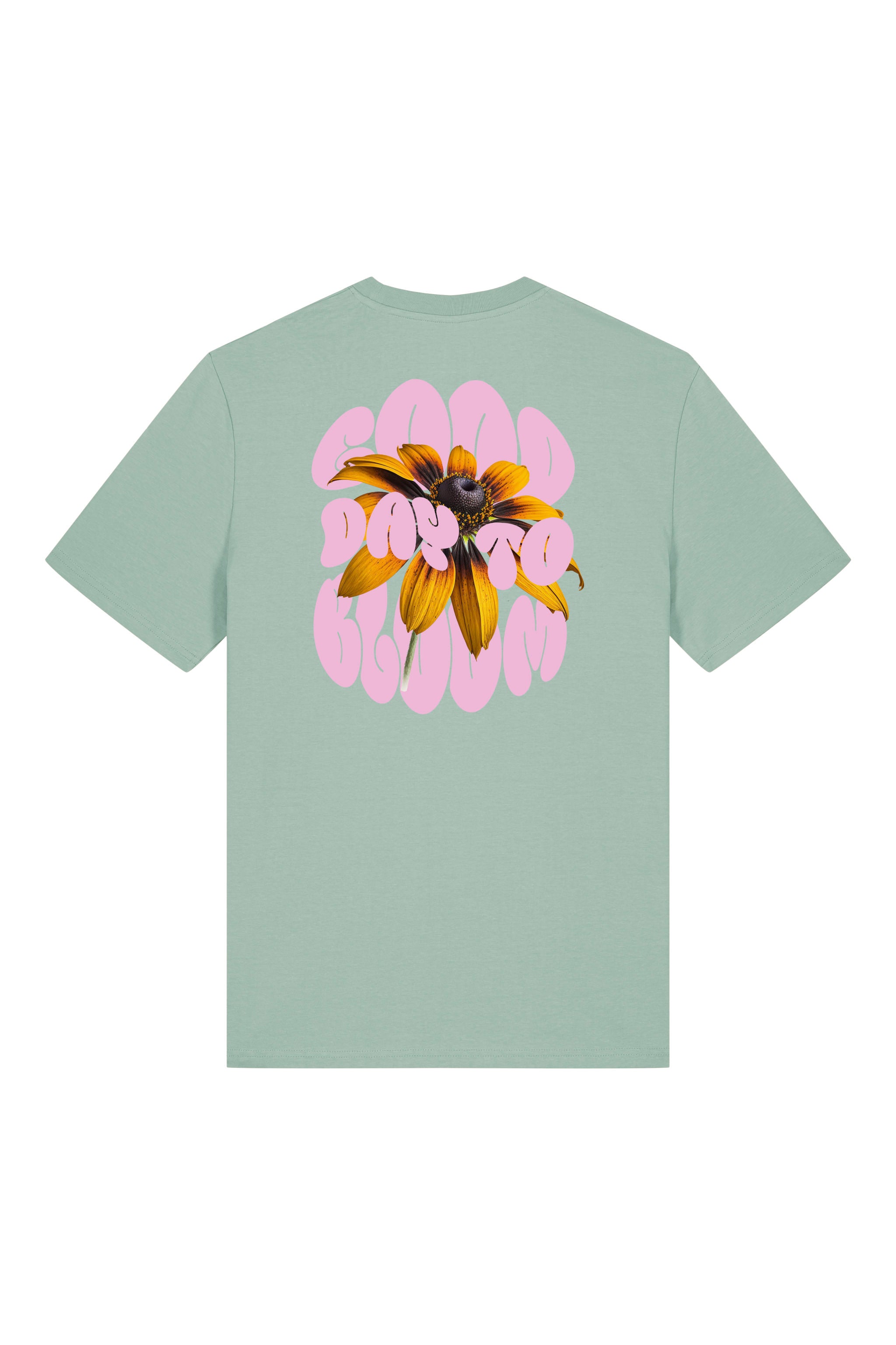 T-Shirt aus 100 % Bio-Baumwolle mit normaler Passform, erhältlich in verschiedenen Farben wie Blue Soul, Cotton Pink, Lavender, Aloe, Weiss und Schwarz. Individuell bedruckbar mit Wunschmotiv. Weiches, angenehm leichtes Material für hohen Tragekomfort. Ideal für einen zeitgemässen, entspannten Look. Vorderseite: Kleiner „Anway“-Schriftzug auf der linken Brust. Rückseite: Grosses Design mit Sonnenblume und Text „GOOD DAY TO BLOOM“.
