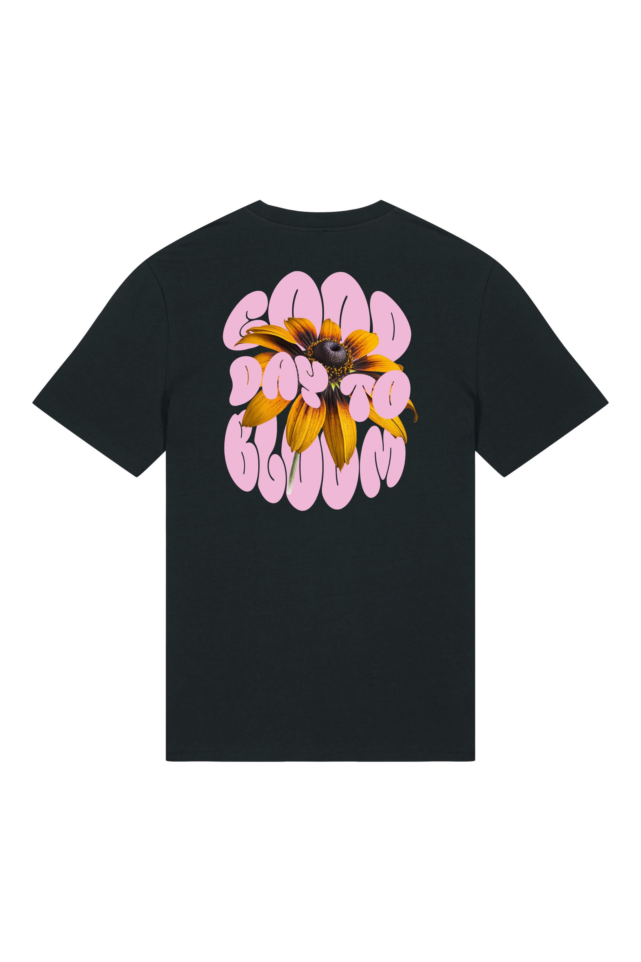 T-Shirt aus 100 % Bio-Baumwolle mit normaler Passform, erhältlich in verschiedenen Farben wie Blue Soul, Cotton Pink, Lavender, Aloe, Weiss und Schwarz. Individuell bedruckbar mit Wunschmotiv. Weiches, angenehm leichtes Material für hohen Tragekomfort. Ideal für einen zeitgemässen, entspannten Look. Vorderseite: Kleiner „Anway“-Schriftzug auf der linken Brust. Rückseite: Grosses Design mit Sonnenblume und Text „GOOD DAY TO BLOOM“.
