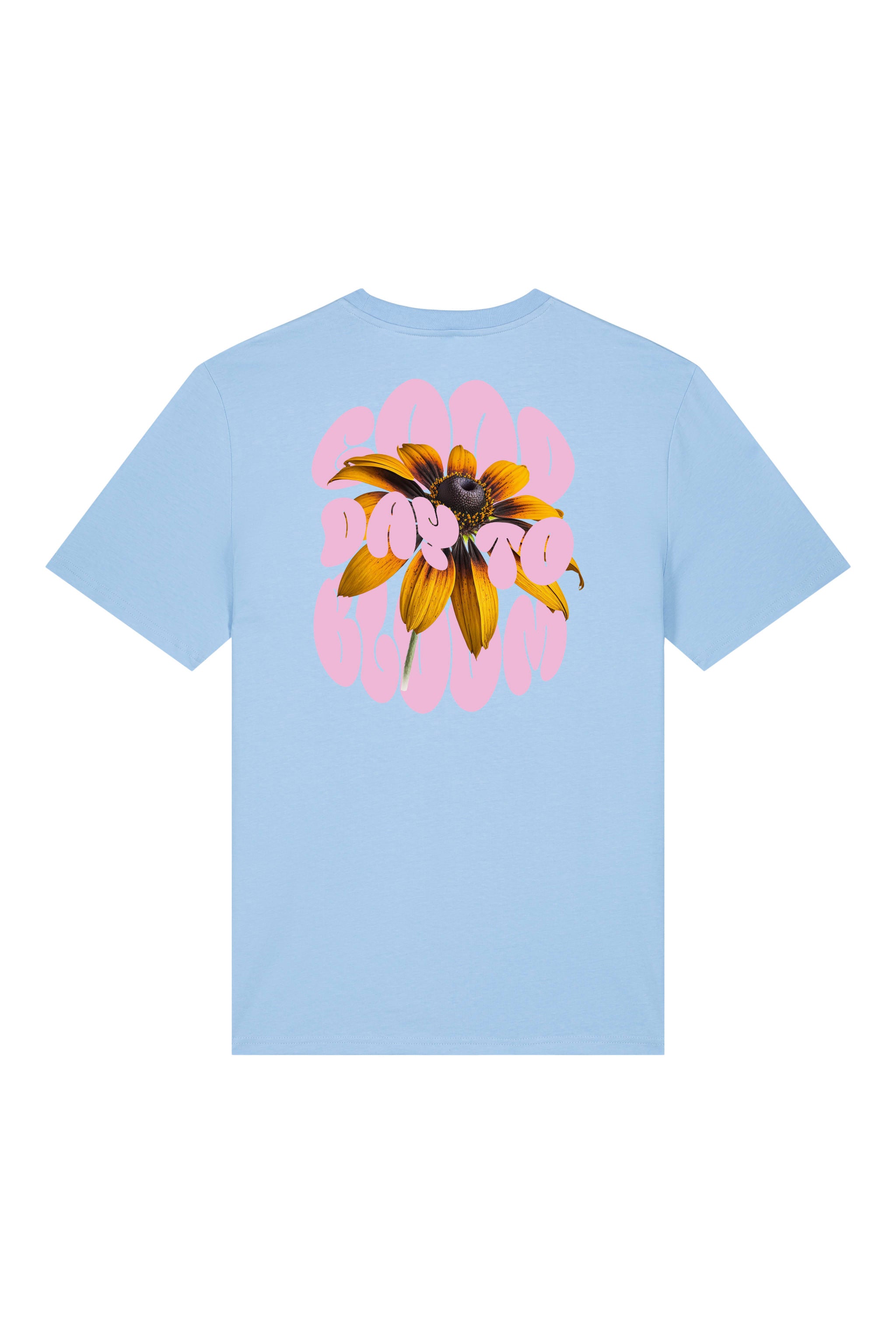 T-Shirt aus 100 % Bio-Baumwolle mit normaler Passform, erhältlich in verschiedenen Farben wie Blue Soul, Cotton Pink, Lavender, Aloe, Weiss und Schwarz. Individuell bedruckbar mit Wunschmotiv. Weiches, angenehm leichtes Material für hohen Tragekomfort. Ideal für einen zeitgemässen, entspannten Look. Vorderseite: Kleiner „Anway“-Schriftzug auf der linken Brust. Rückseite: Grosses Design mit Sonnenblume und Text „GOOD DAY TO BLOOM“.