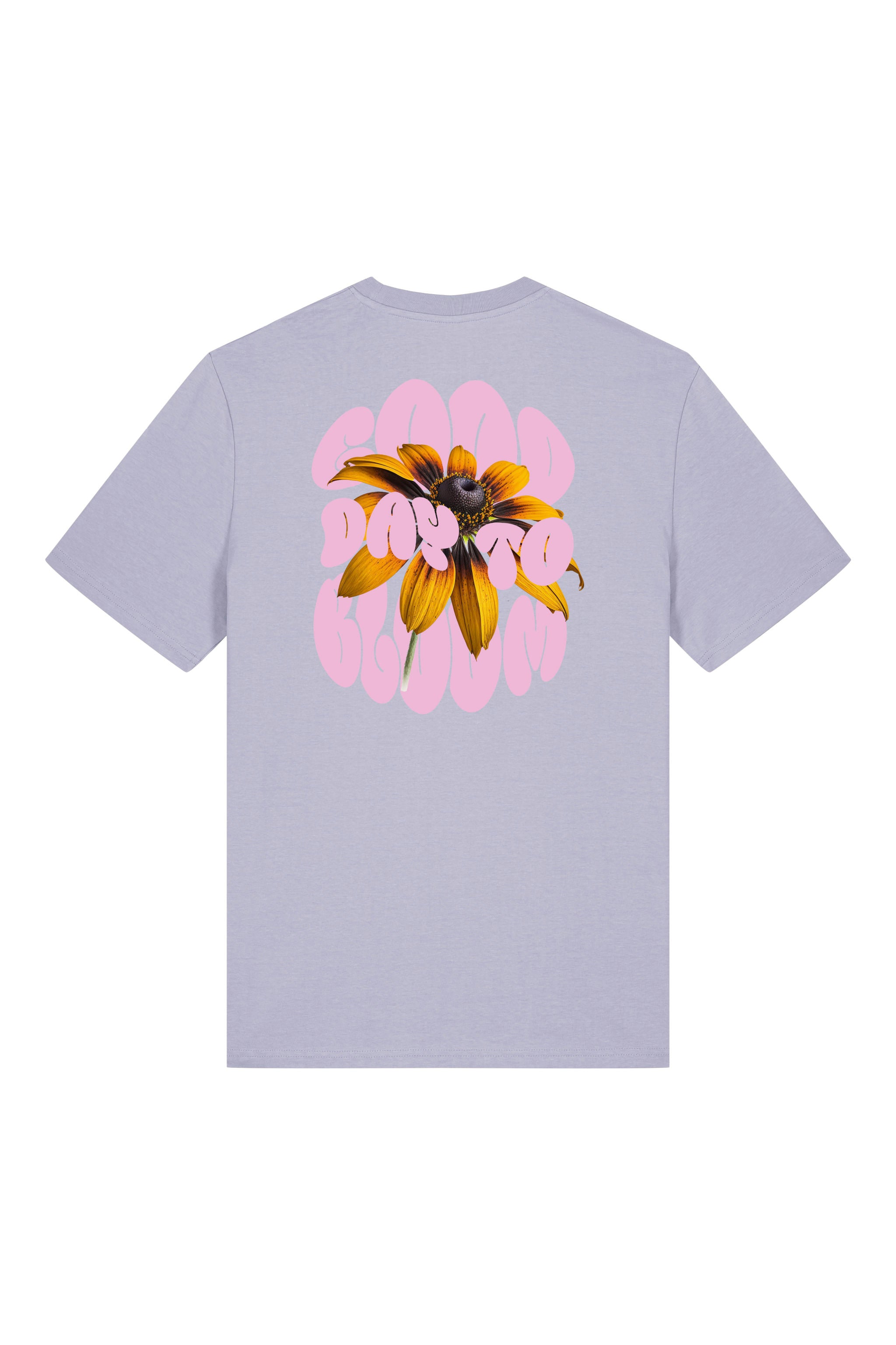 T-Shirt aus 100 % Bio-Baumwolle mit normaler Passform, erhältlich in verschiedenen Farben wie Blue Soul, Cotton Pink, Lavender, Aloe, Weiss und Schwarz. Individuell bedruckbar mit Wunschmotiv. Weiches, angenehm leichtes Material für hohen Tragekomfort. Ideal für einen zeitgemässen, entspannten Look. Vorderseite: Kleiner „Anway“-Schriftzug auf der linken Brust. Rückseite: Grosses Design mit Sonnenblume und Text „GOOD DAY TO BLOOM“.