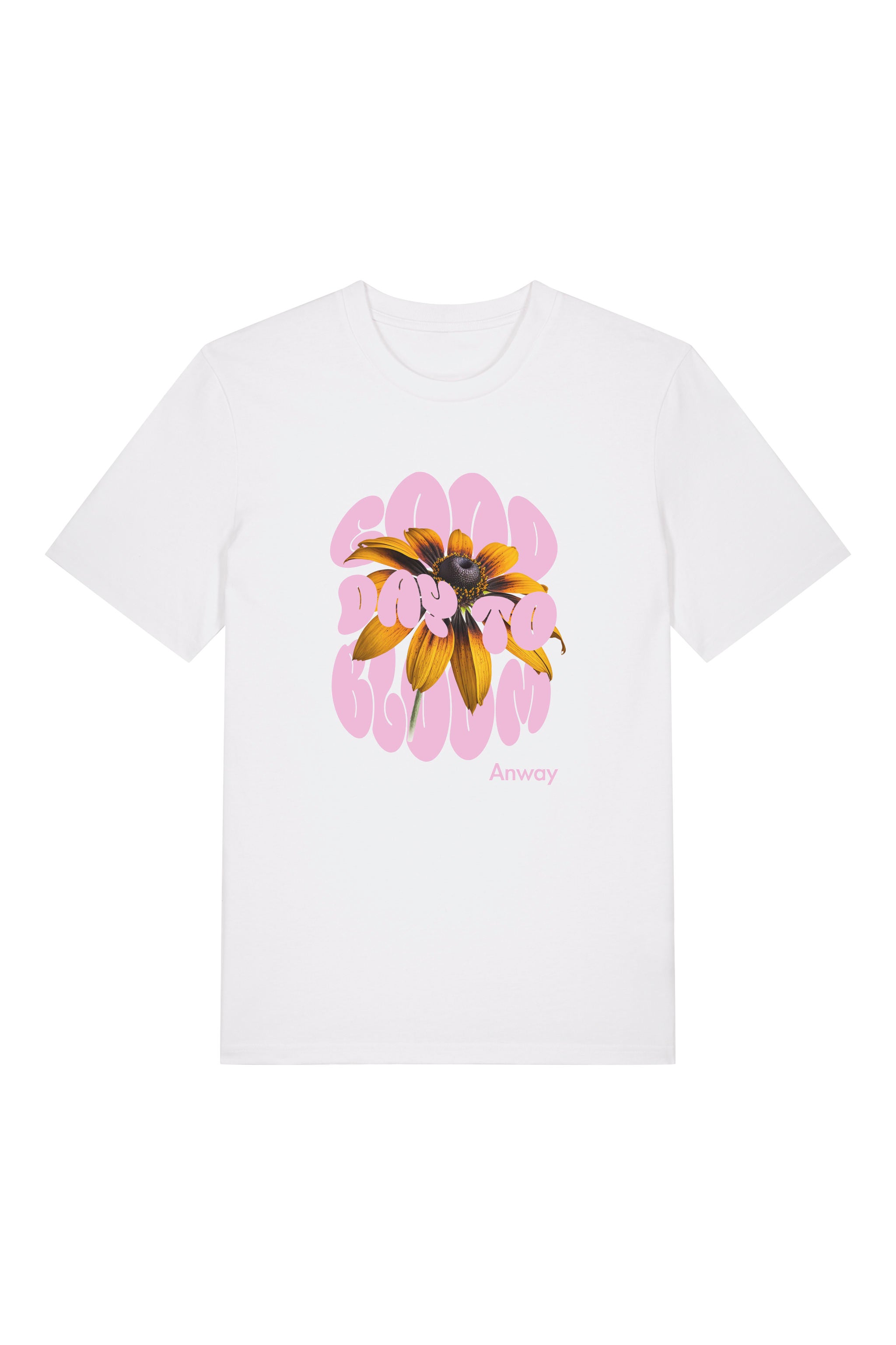 T-Shirt aus 100 % Bio-Baumwolle mit normaler Passform, erhältlich in verschiedenen Farben wie Blue Soul, Cotton Pink, Lavender, Aloe, Weiss und Schwarz. Individuell bedruckbar mit Wunschmotiv. Weiches, angenehm leichtes Material für hohen Tragekomfort. Ideal für einen zeitgemässen, entspannten Look. Design mit Sonnenblume und Text „GOOD DAY TO BLOOM“ auf der Vorderseite.