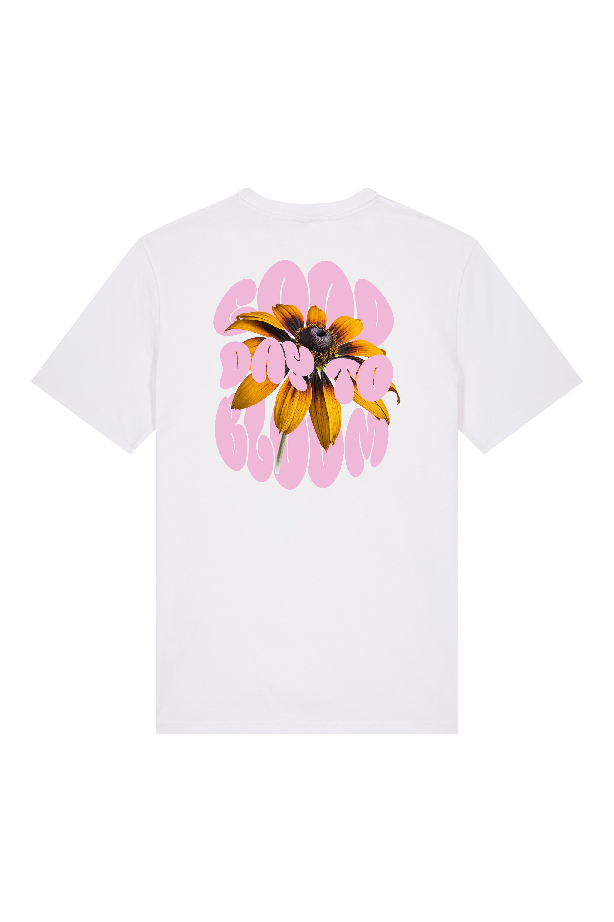 T-Shirt aus 100 % Bio-Baumwolle mit normaler Passform, erhältlich in verschiedenen Farben wie Blue Soul, Cotton Pink, Lavender, Aloe, Weiss und Schwarz. Individuell bedruckbar mit Wunschmotiv. Weiches, angenehm leichtes Material für hohen Tragekomfort. Ideal für einen zeitgemässen, entspannten Look. Vorderseite: Kleiner „Anway“-Schriftzug auf der linken Brust. Rückseite: Grosses Design mit Sonnenblume und Text „GOOD DAY TO BLOOM“.