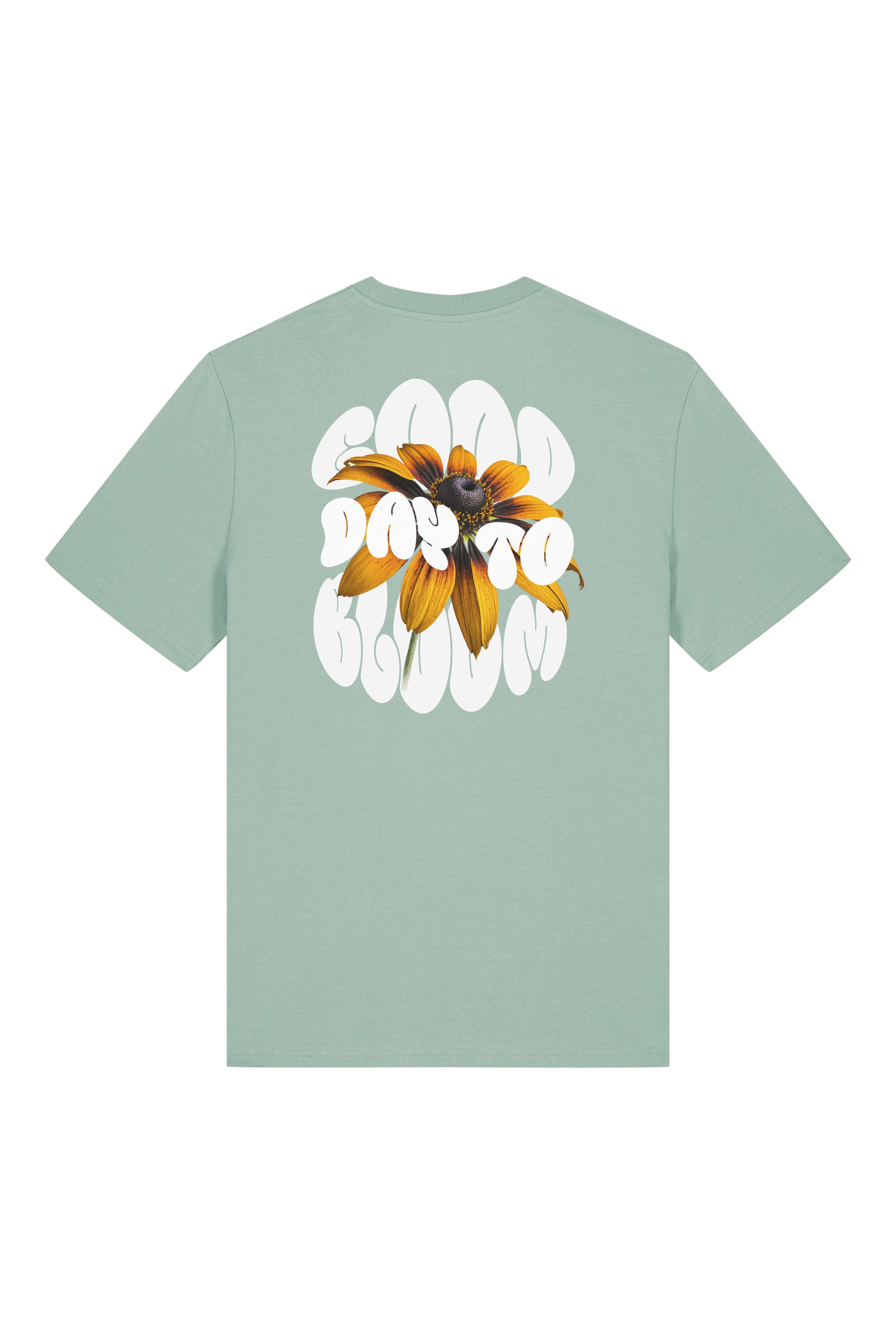 T-Shirt aus 100 % Bio-Baumwolle mit normaler Passform, erhältlich in verschiedenen Farben wie Blue Soul, Cotton Pink, Lavender, Aloe, Weiss und Schwarz. Individuell bedruckbar mit Wunschmotiv. Weiches, angenehm leichtes Material für hohen Tragekomfort. Ideal für einen zeitgemässen, entspannten Look. Vorderseite: Kleiner „Anway“-Schriftzug auf der linken Brust. Rückseite: Grosses Design mit Sonnenblume und Text „GOOD DAY TO BLOOM“.