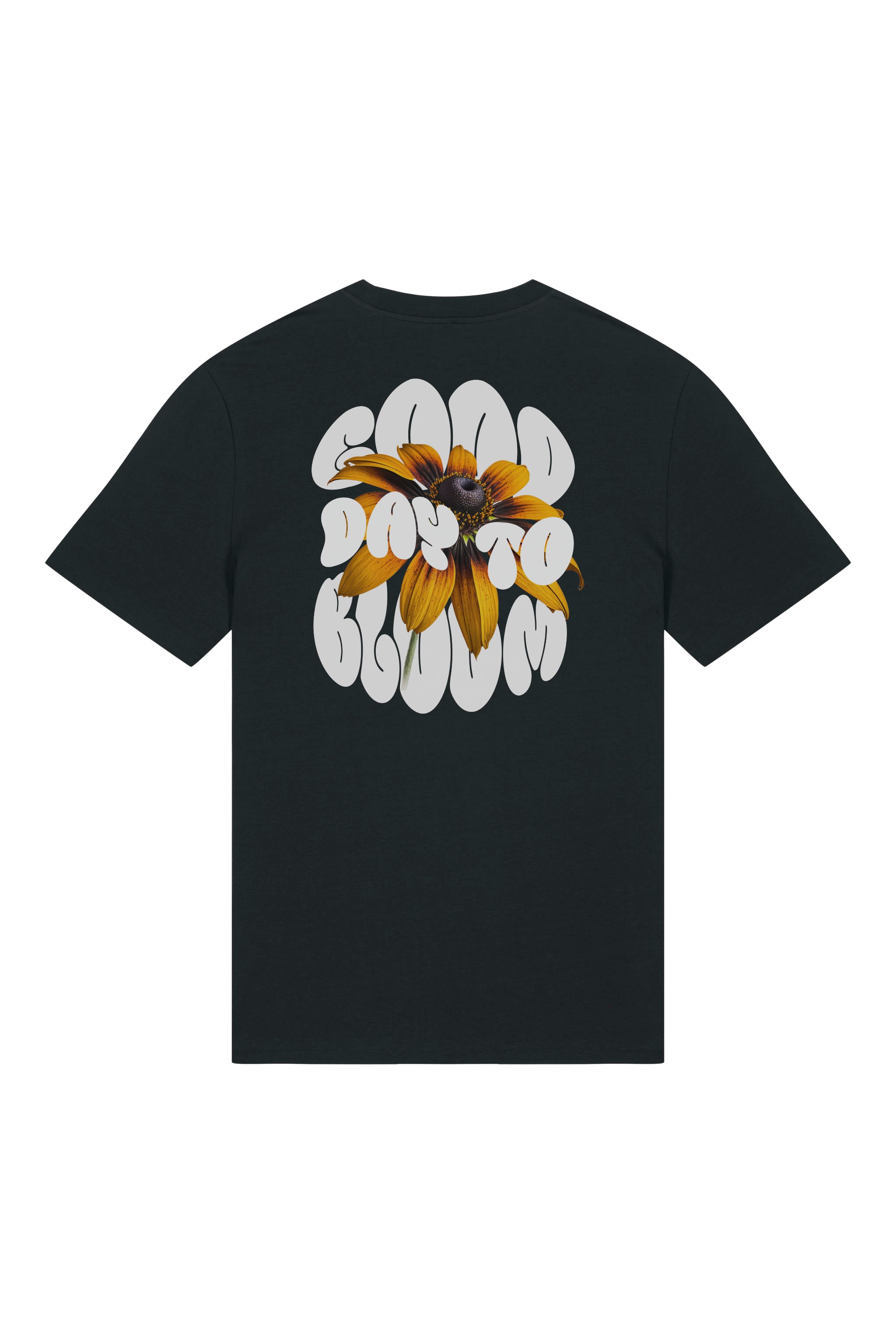 T-Shirt aus 100 % Bio-Baumwolle mit normaler Passform, erhältlich in verschiedenen Farben wie Blue Soul, Cotton Pink, Lavender, Aloe, Weiss und Schwarz. Individuell bedruckbar mit Wunschmotiv. Weiches, angenehm leichtes Material für hohen Tragekomfort. Ideal für einen zeitgemässen, entspannten Look. Vorderseite: Kleiner „Anway“-Schriftzug auf der linken Brust. Rückseite: Grosses Design mit Sonnenblume und Text „GOOD DAY TO BLOOM“.